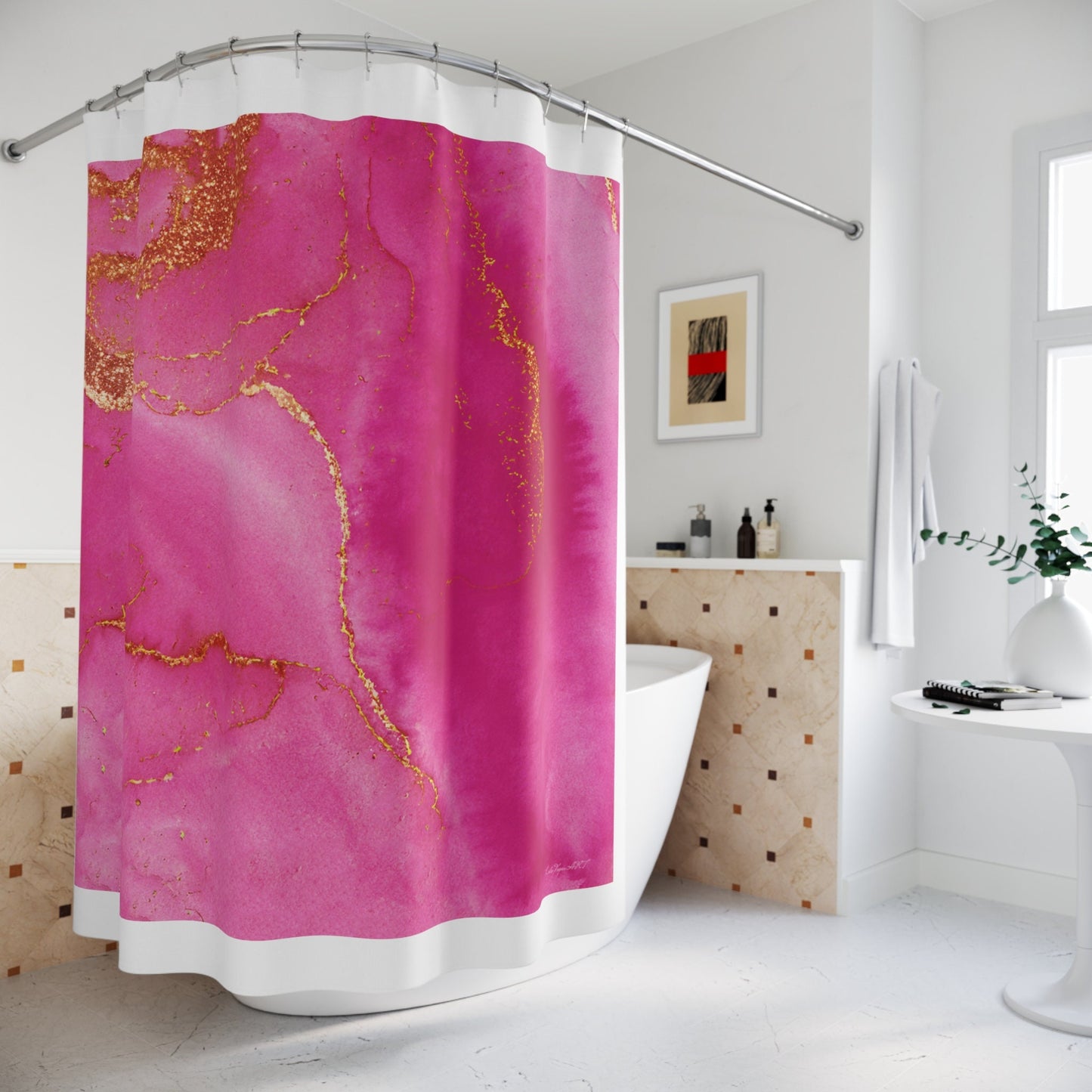 fuchsia gold abstract shower curtain, home accessories, bathroom dcor, bathroom, home dcor, housewarming gift, pink shower room decor