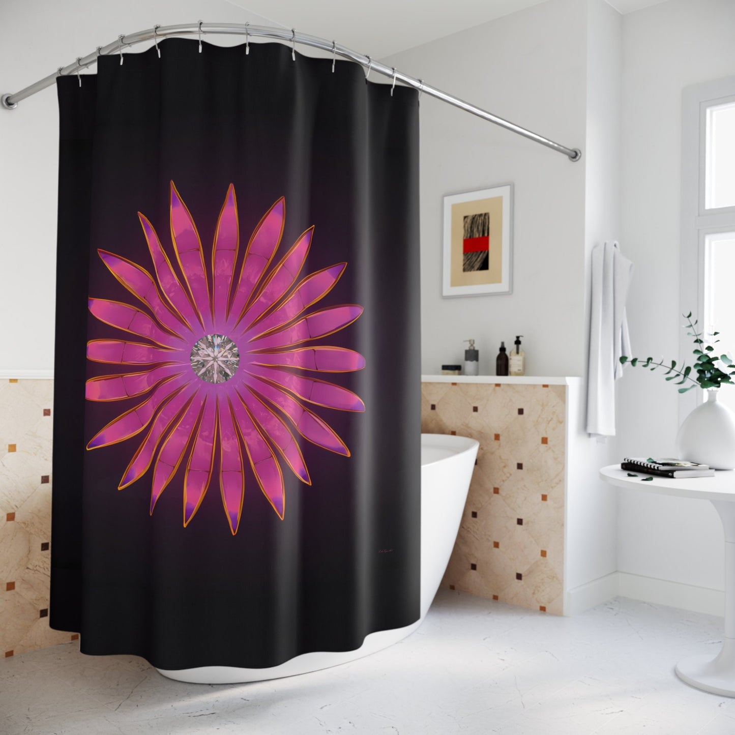 fuchsia diamond sunburst, shower curtain, home accessories, bathroom dcor, bathroom, home dcor, housewarming gift, shower room decor, pi