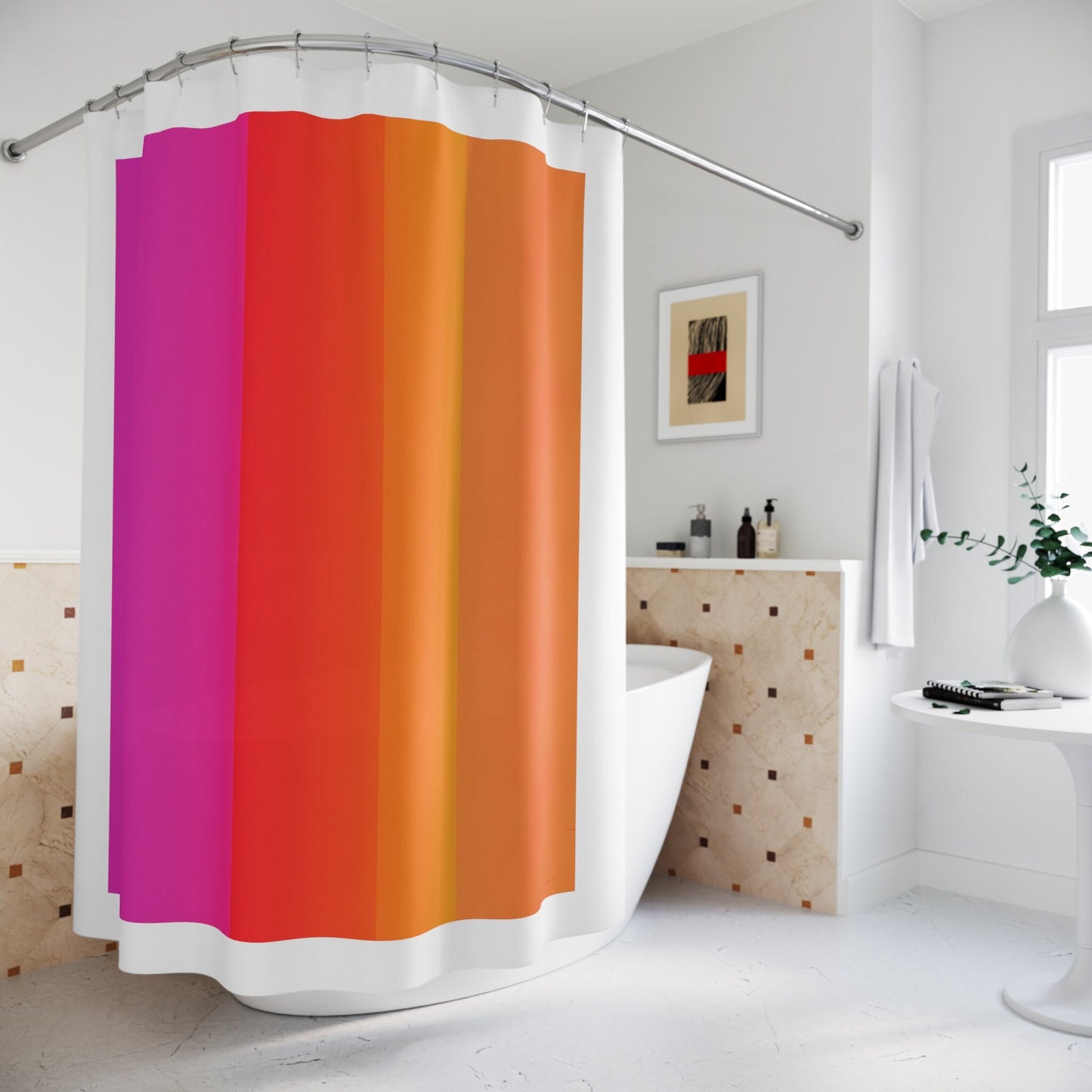 abstract orange pink, shower curtain, home accessories, bathroom dcor, bathroom, home dcor, housewarming gift, shower room decor, modern