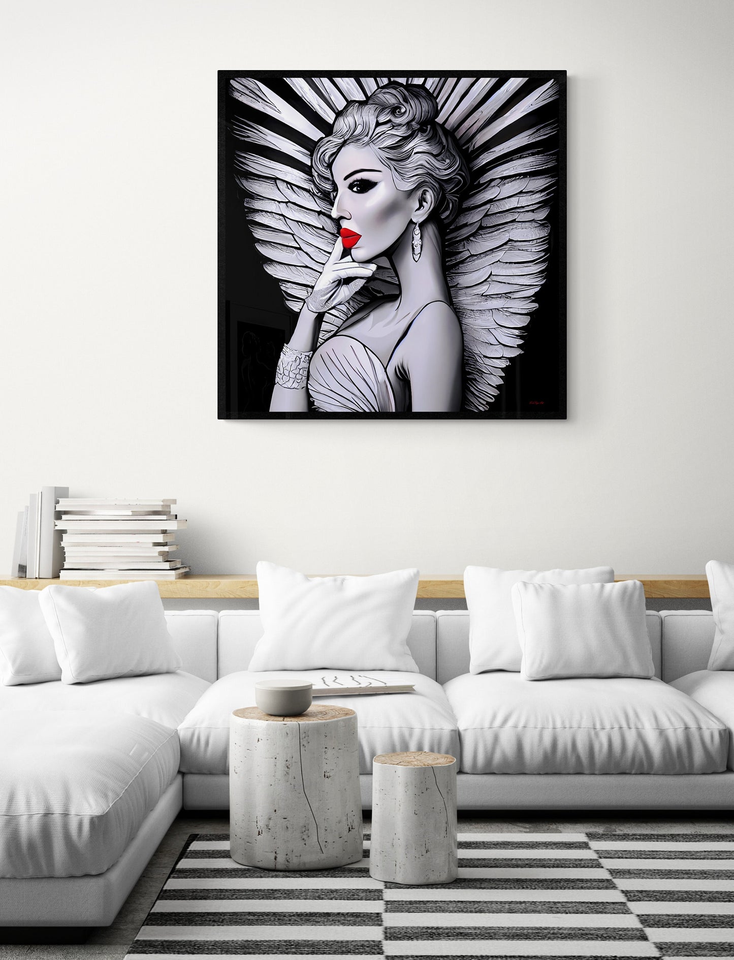 art deco angel canvas wall art,  wall art dcor, room wall dcor, unique art, wall art woman, angel wings, retro wall art, goddess,  B & W