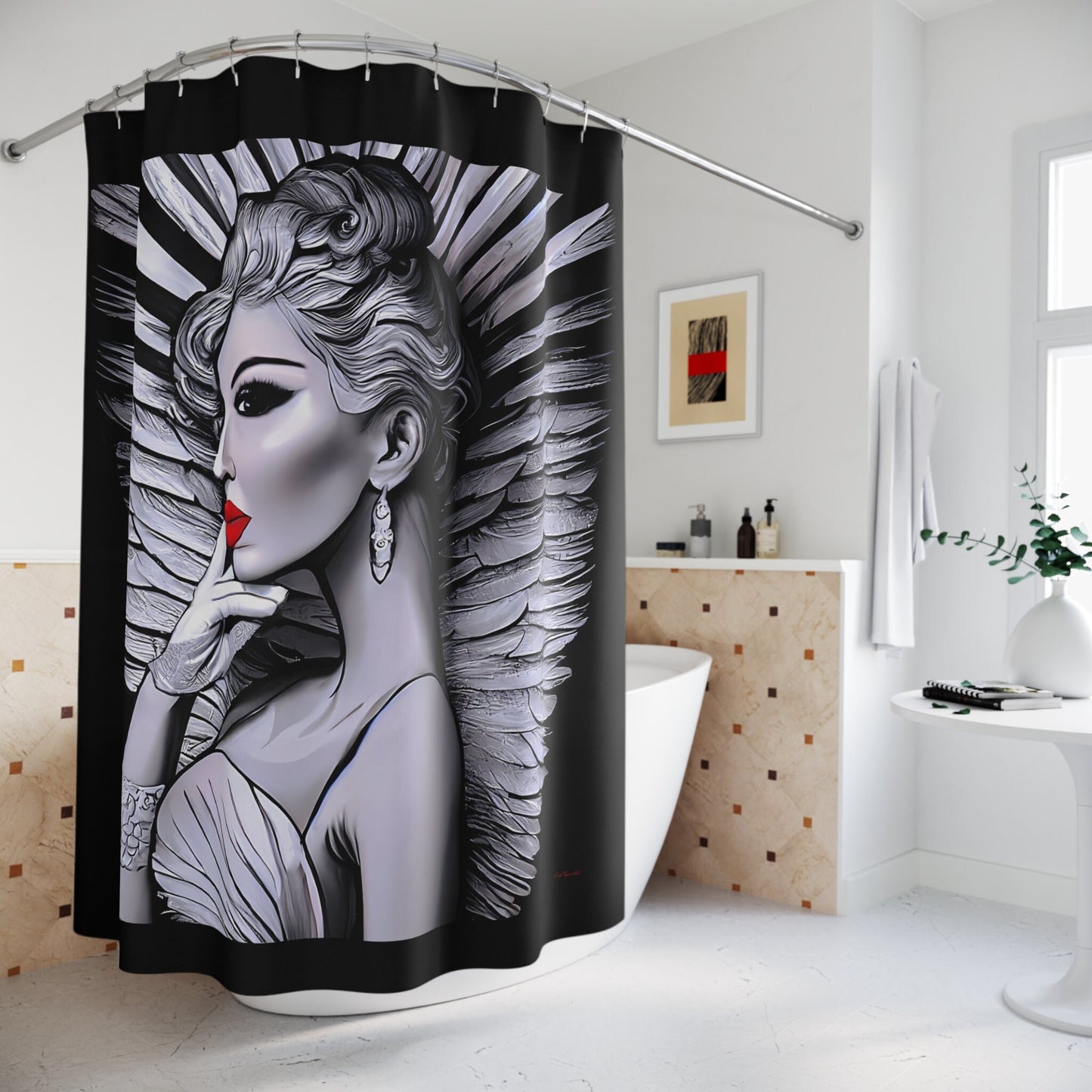 art deco angel shower curtain, glamorous, home accessories, bathroom dcor, bathroom, home dcor, housewarming gift, shower room decor