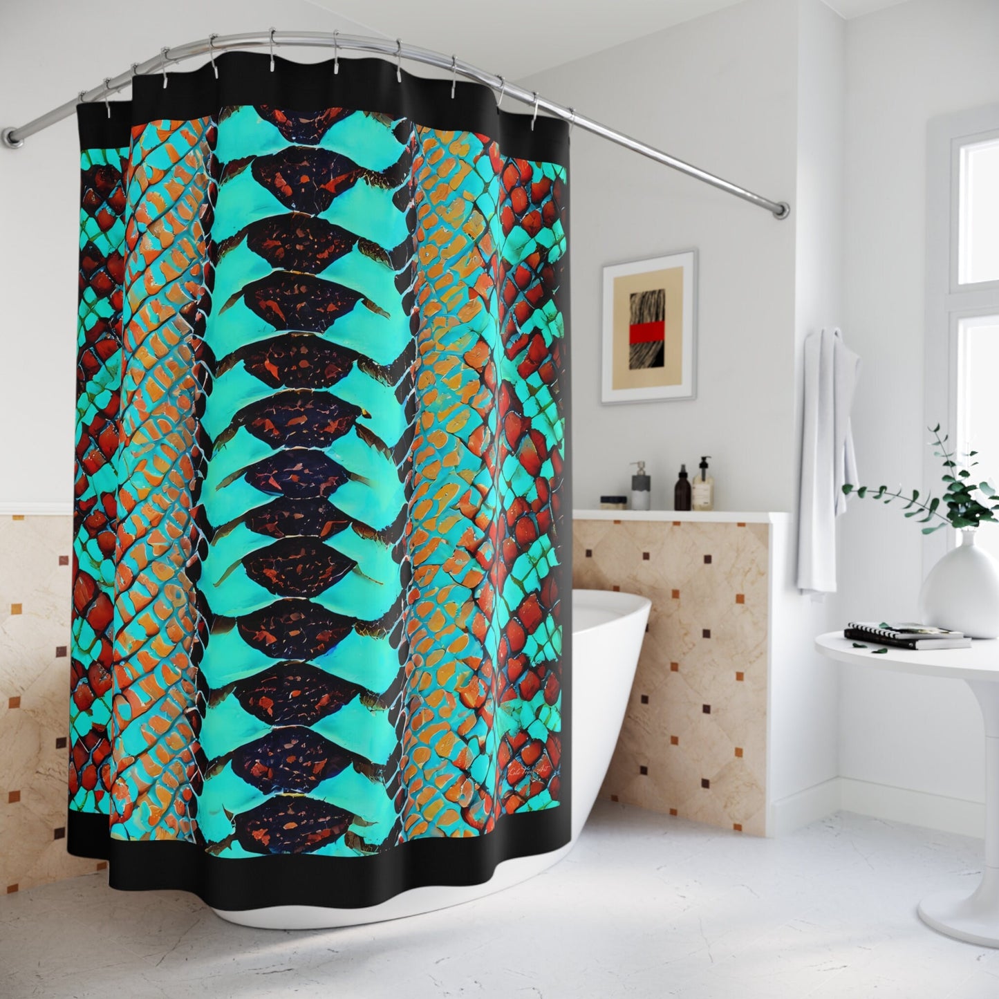 turquoise python snake skin print, shower curtain, home accessories, bathroom dcor, bathroom, home dcor, housewarming gift, shower decor