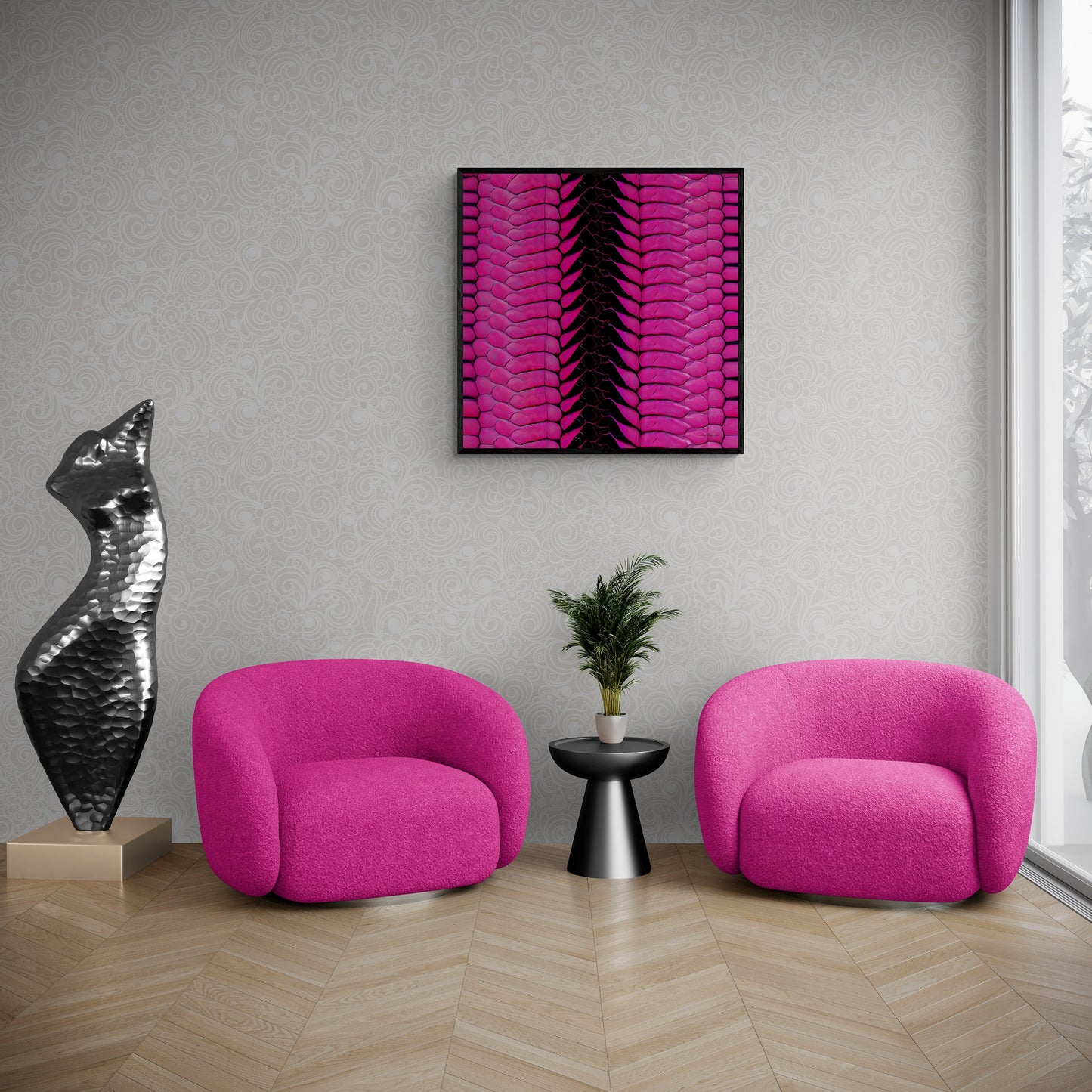 hot pink python skin print framed canvas wall art, wall art in frame, wall art with frame, wall art framed, wall art living room framed