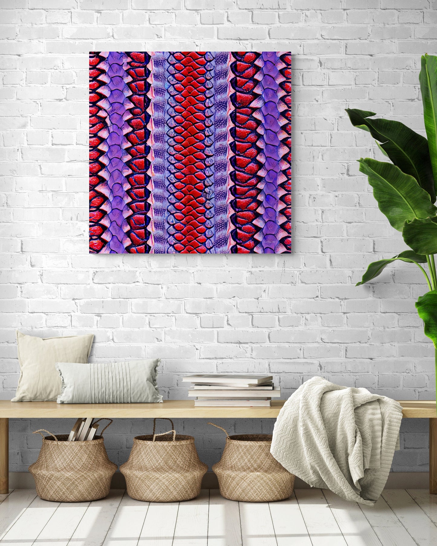 red and purple python snake skin canvas wall print,