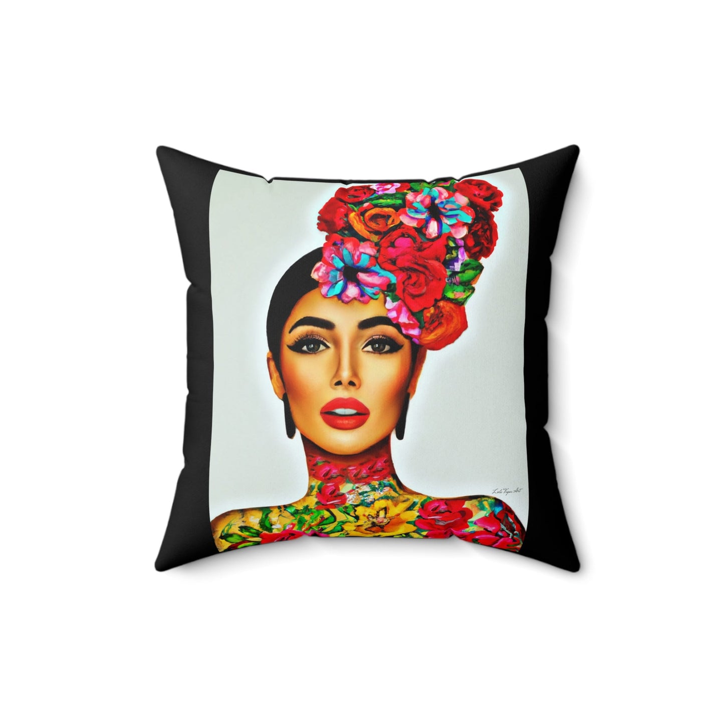 tattoos, latina woman, flowers, decorative pillow, living room pillow, bedroom pillow, throw pillow, decorative pillows, accent pillow