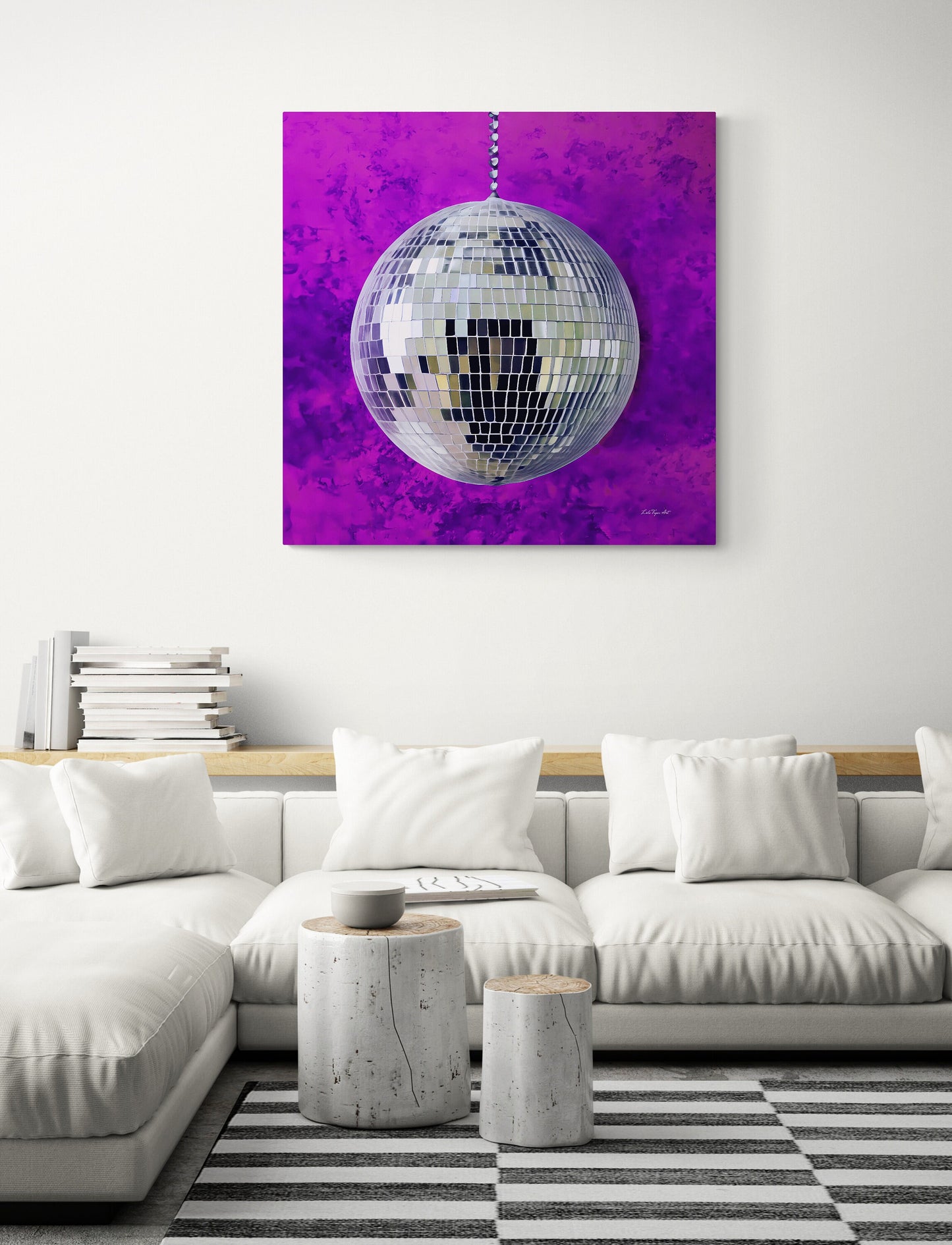 silver disco ball with purple background canvas wall art, wall art dcor, room wall dcor, unique art, glamorous, contemporary, bling art