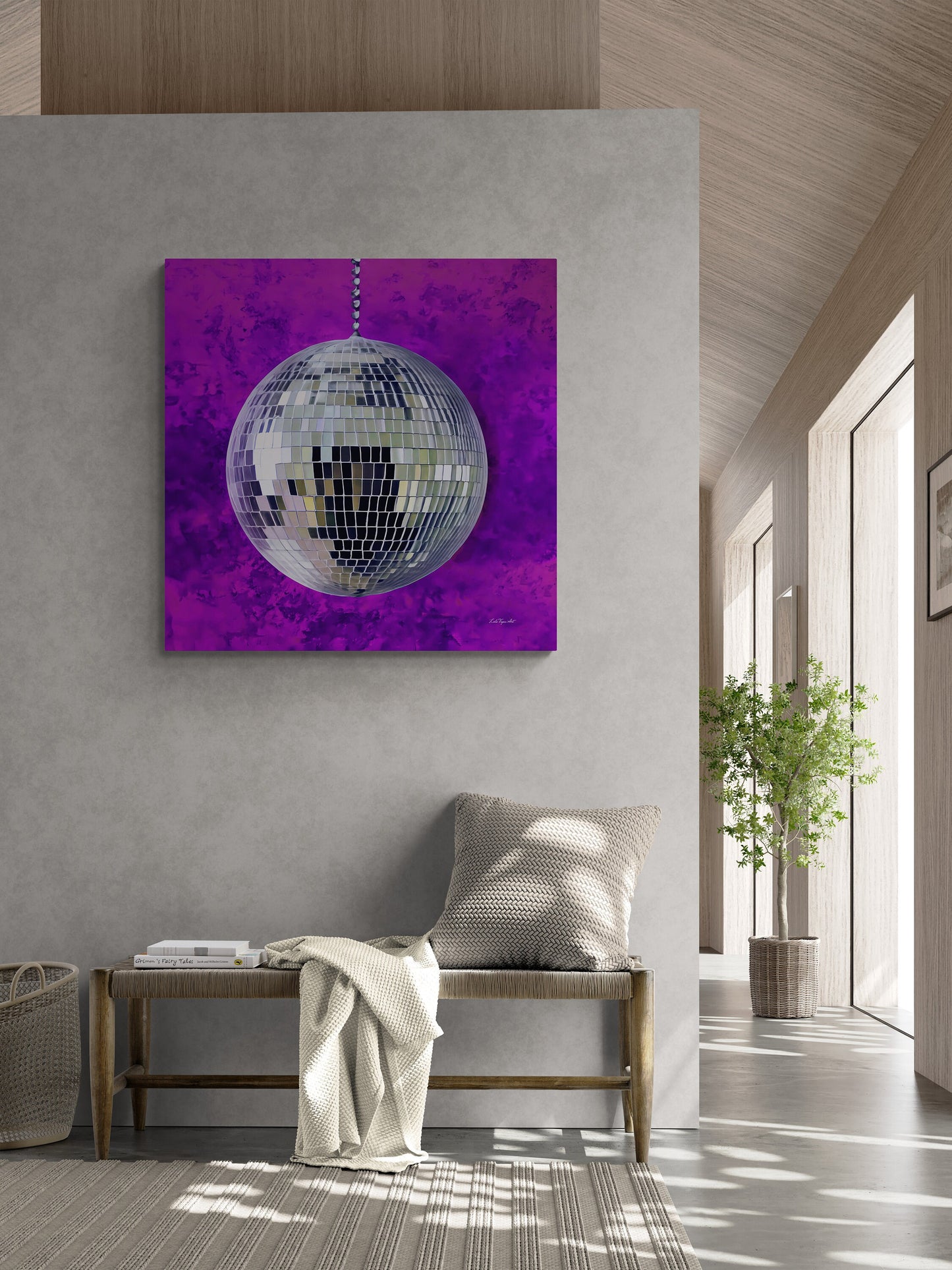 silver disco ball with purple background canvas wall art, wall art dcor, room wall dcor, unique art, glamorous, contemporary, bling art