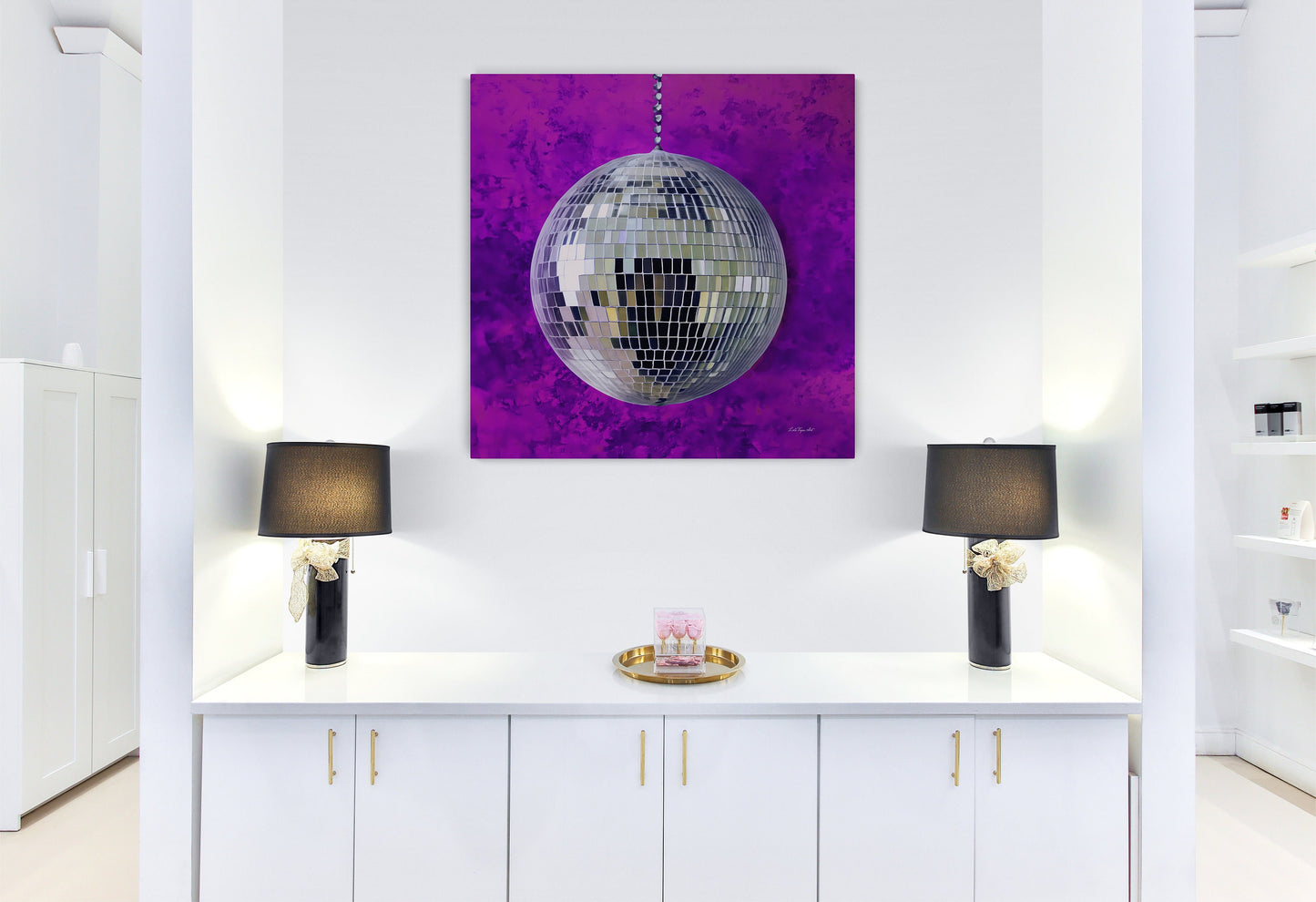 silver disco ball with purple background canvas wall art, wall art dcor, room wall dcor, unique art, glamorous, contemporary, bling art