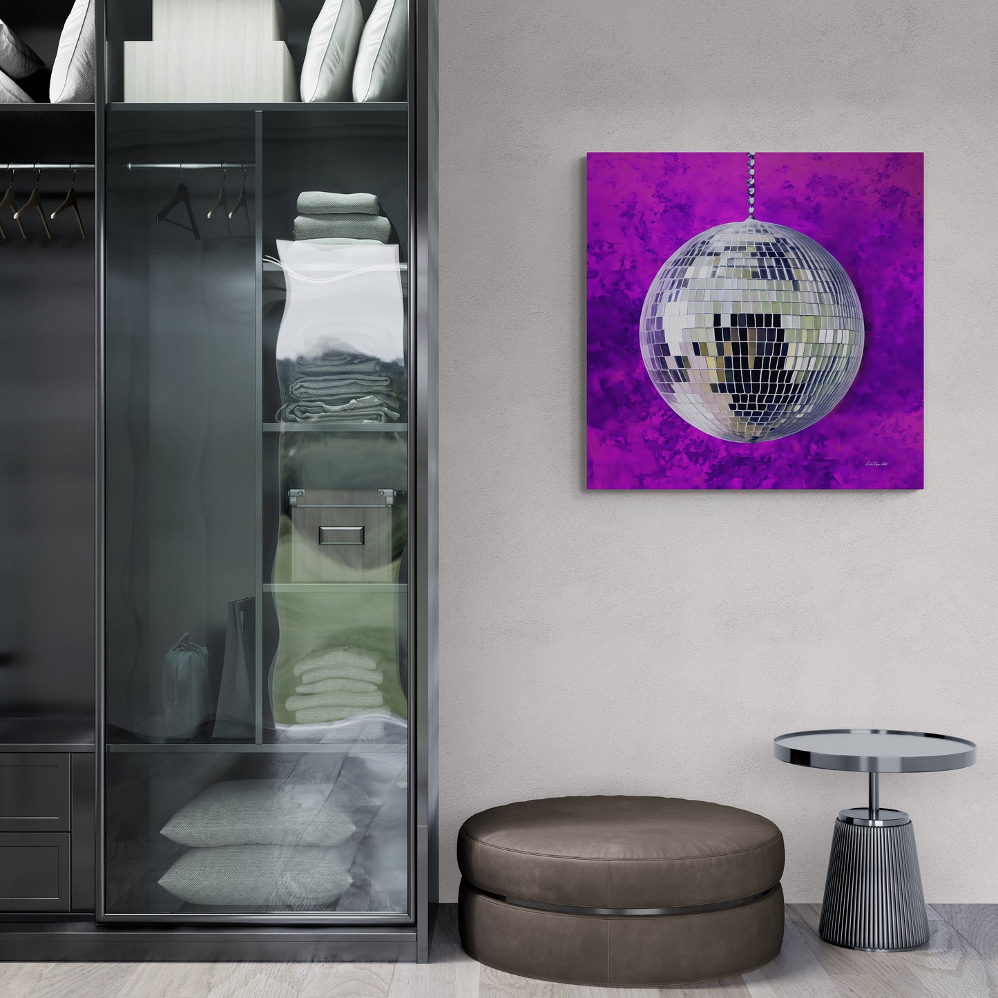 silver disco ball with purple background canvas wall art, wall art dcor, room wall dcor, unique art, glamorous, contemporary, bling art