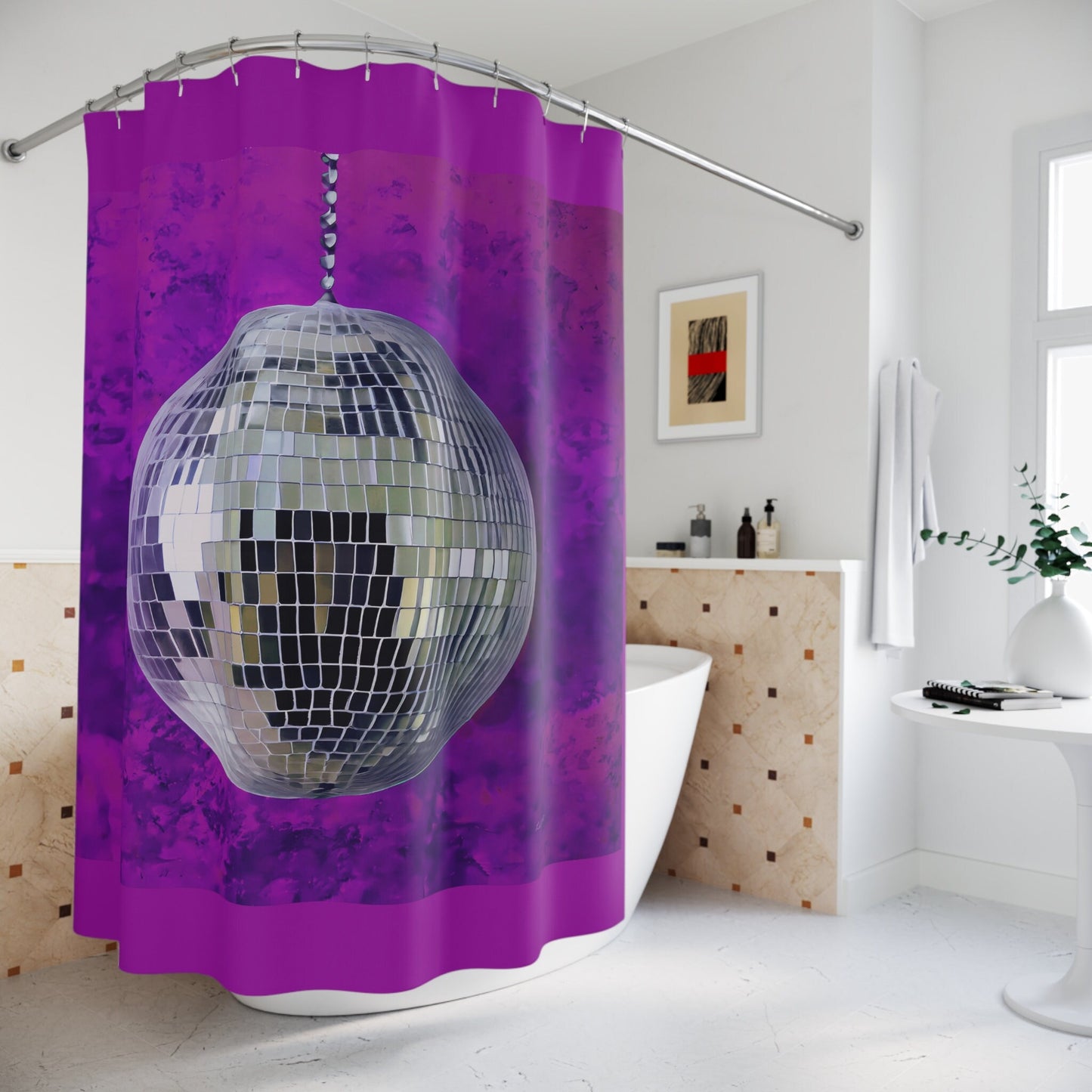 silver disco ball shower curtain, home accessories, bathroom dcor, bathroom, home dcor, housewarming gift, shower room decor, purple