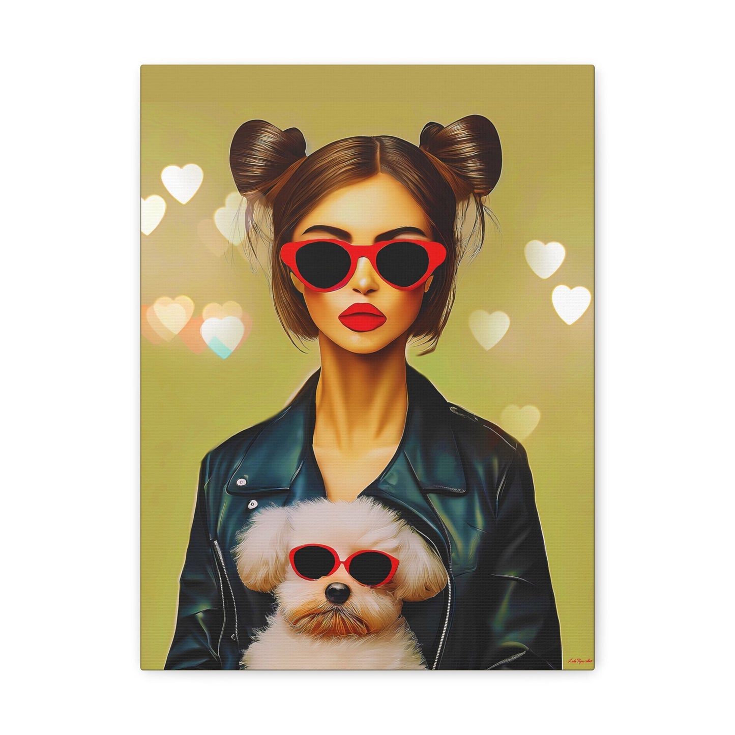 woman with dog canvas wall art, wall art dcor, room wall dcor, unique art, dog wall art, animal wall art, quirky wall art, red sunglasses