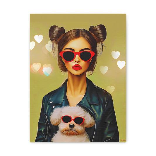 woman with dog canvas wall art, wall art dcor, room wall dcor, unique art, dog wall art, animal wall art, quirky wall art, red sunglasses