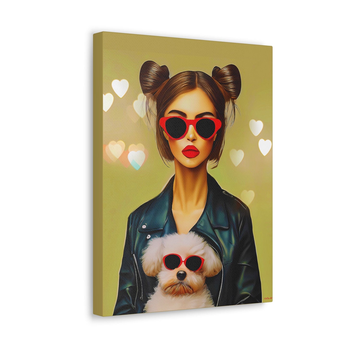 woman with dog canvas wall art, wall art dcor, room wall dcor, unique art, dog wall art, animal wall art, quirky wall art, red sunglasses