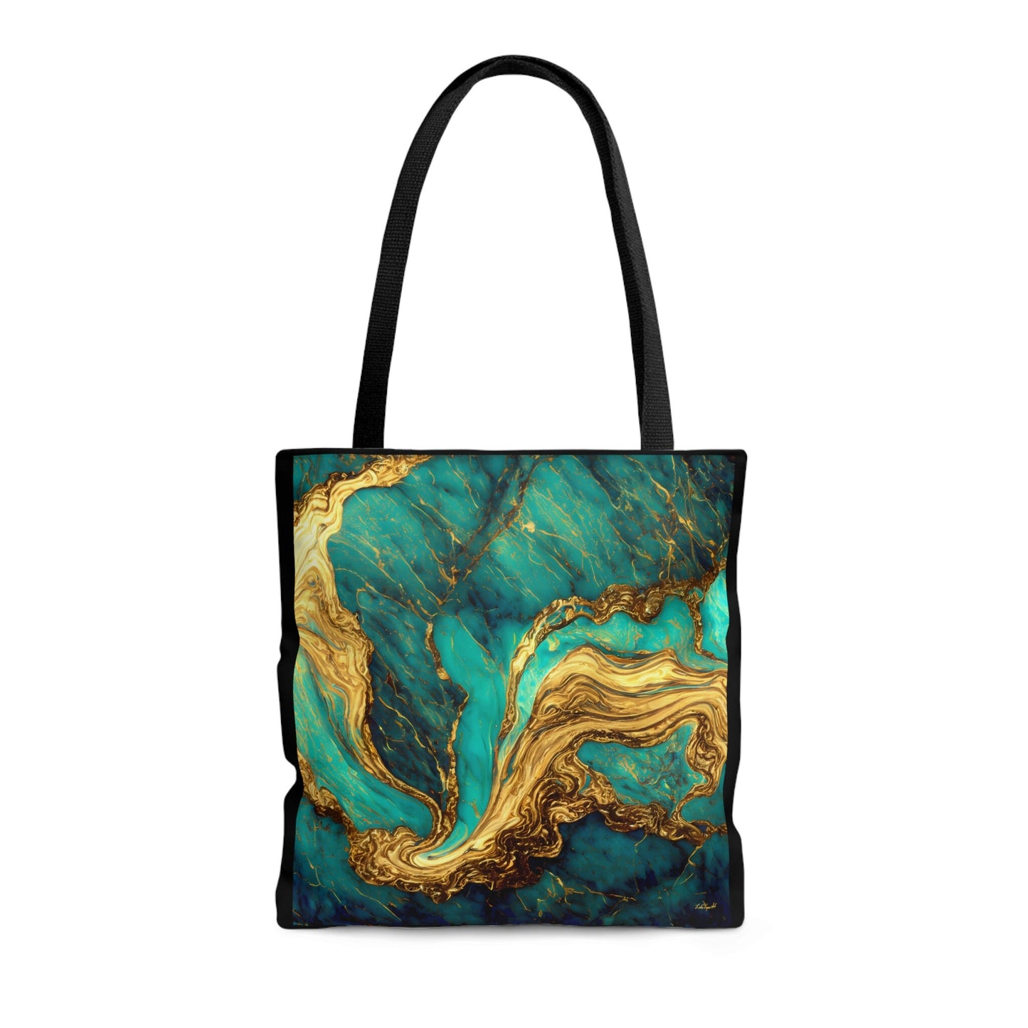 green and gold marble swirl print canvas tote bag,