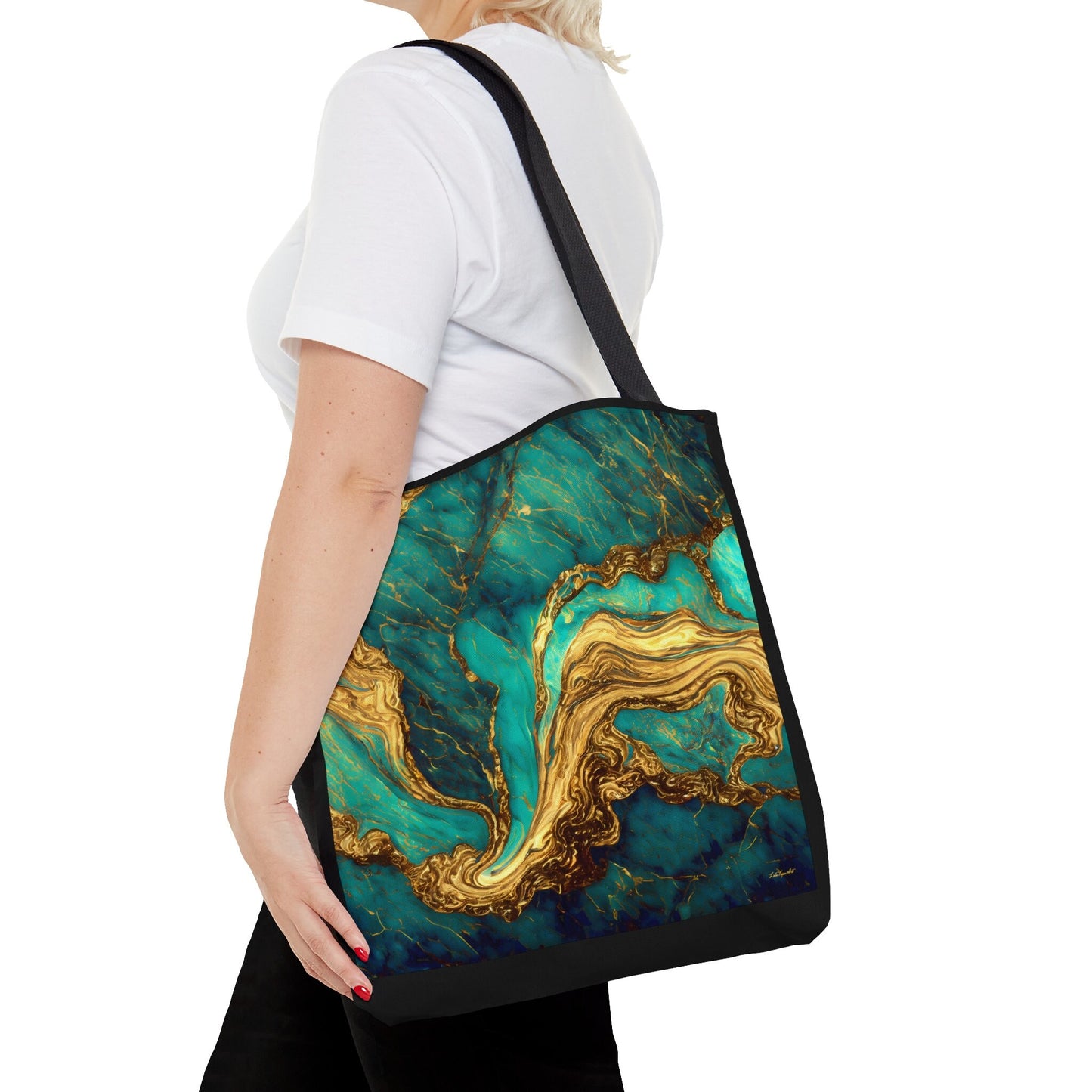 green and gold marble swirl print canvas tote bag,