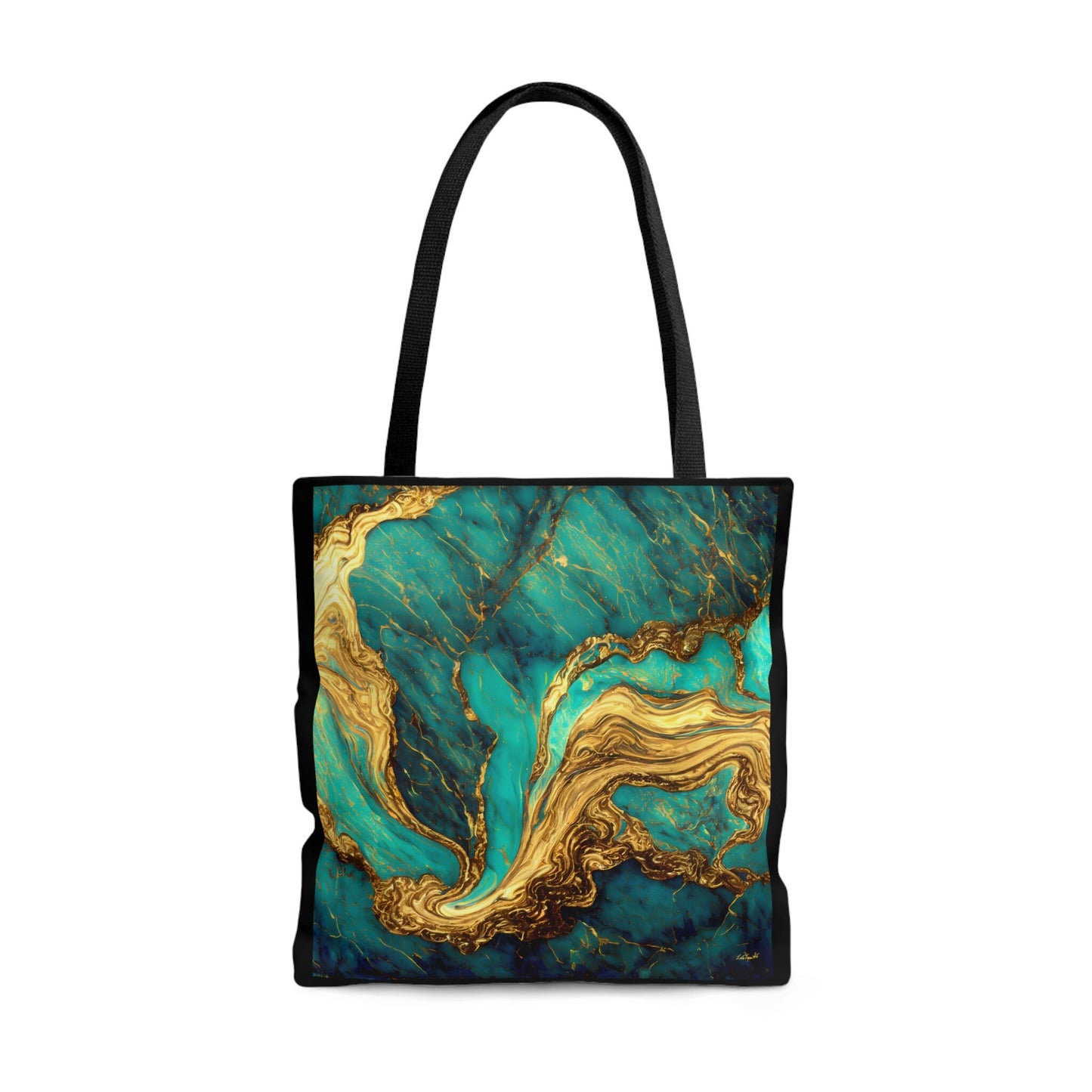 green and gold marble swirl print canvas tote bag,