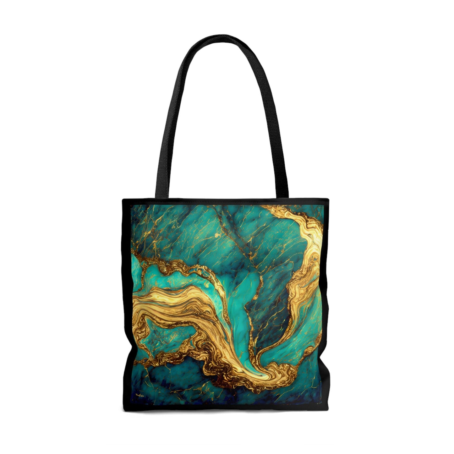 green and gold marble swirl print canvas tote bag,