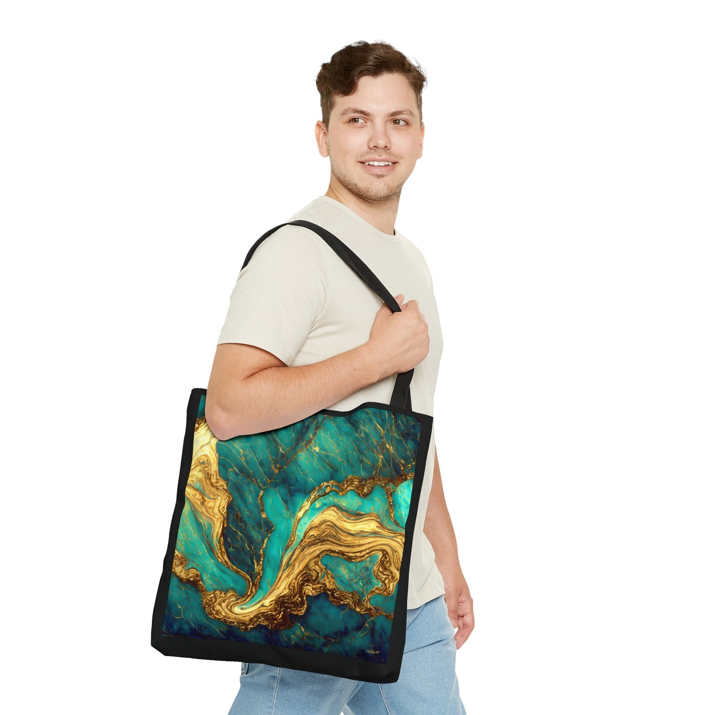 green and gold marble swirl print canvas tote bag,