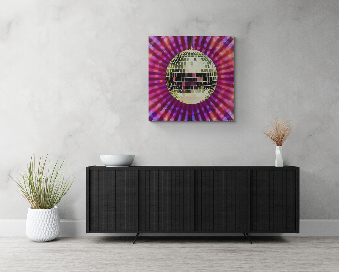 gold disco ball, wall art, wall art canvas, wall art dcor, contemporary art, modern decor, pink, purple, glamorous, eclectic, fashion art