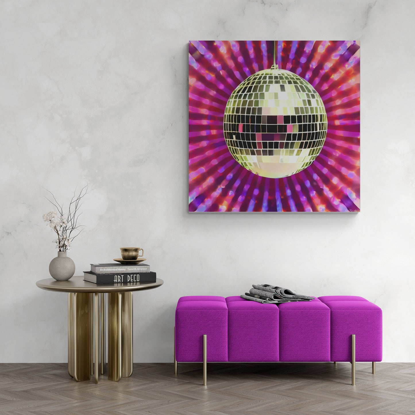 gold disco ball, wall art, wall art canvas, wall art dcor, contemporary art, modern decor, pink, purple, glamorous, eclectic, fashion art