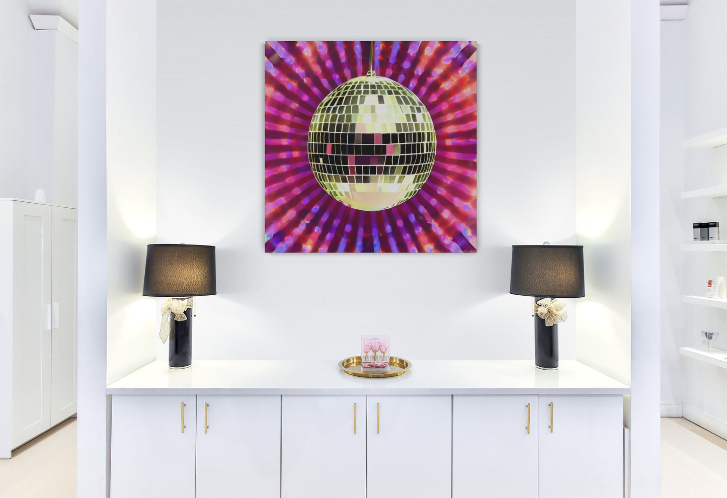 gold disco ball, wall art, wall art canvas, wall art dcor, contemporary art, modern decor, pink, purple, glamorous, eclectic, fashion art