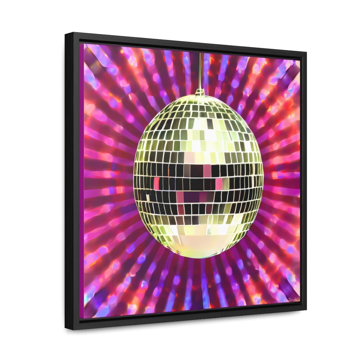 gold disco ball framed wall art,  wall art in frame, wall art with frame, wall art framed, wall art canvas framed, pink, purple, retro art