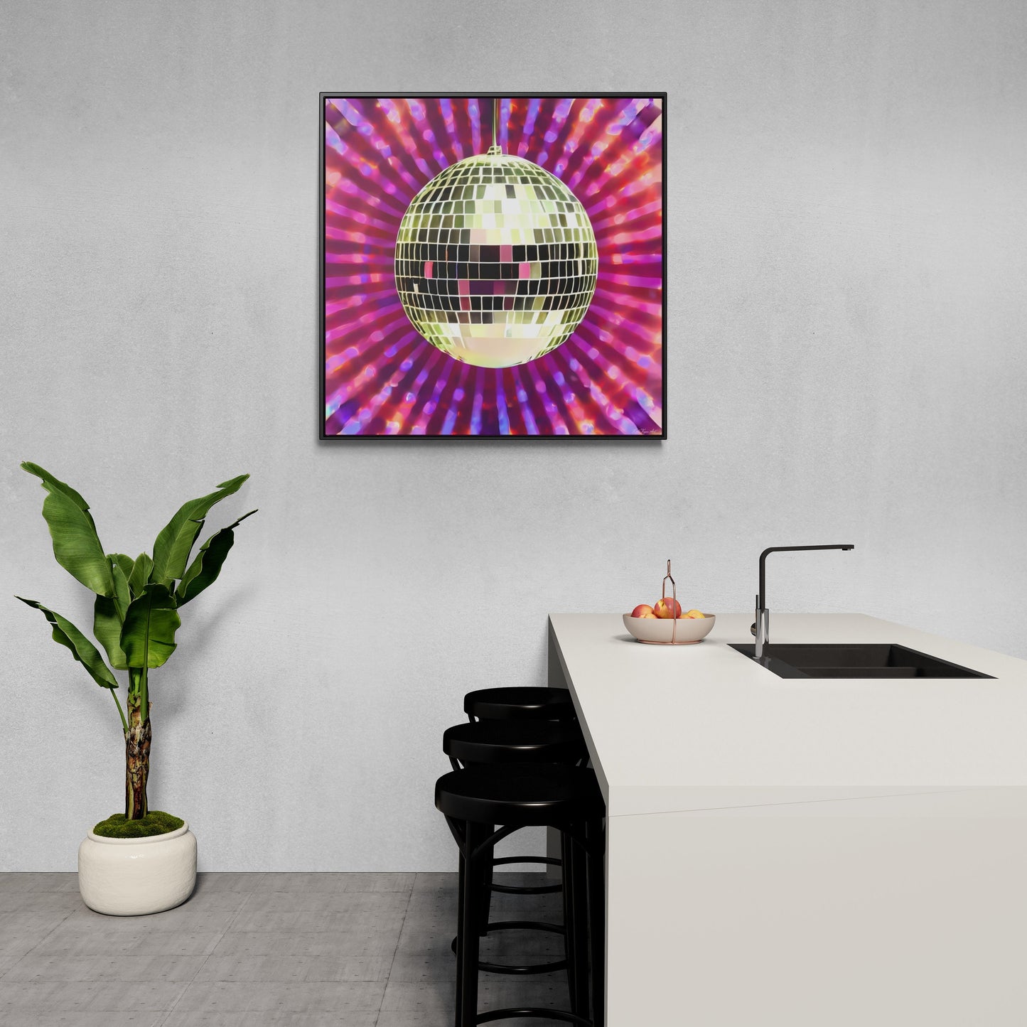 gold disco ball framed wall art,  wall art in frame, wall art with frame, wall art framed, wall art canvas framed, pink, purple, retro art - LOLA VEGAS ART