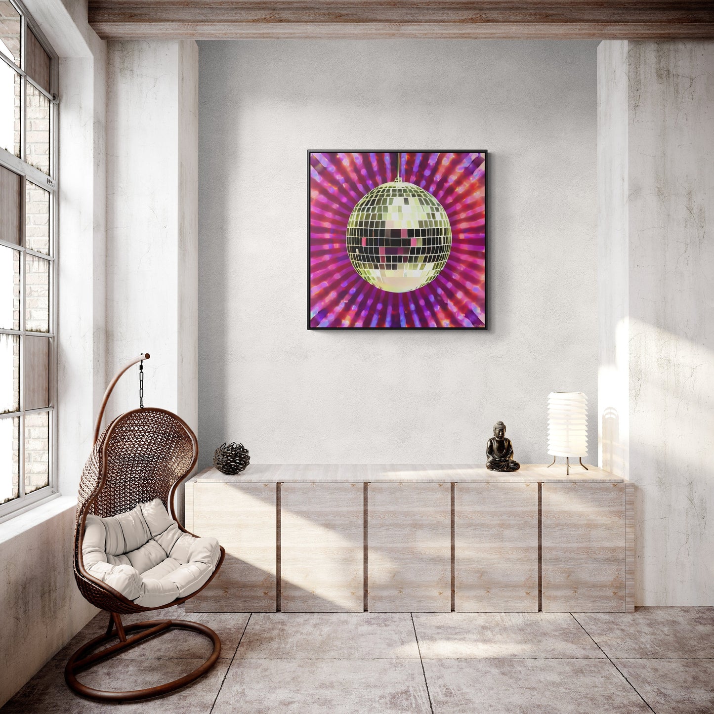 gold disco ball framed wall art,  wall art in frame, wall art with frame, wall art framed, wall art canvas framed, pink, purple, retro art - LOLA VEGAS ART