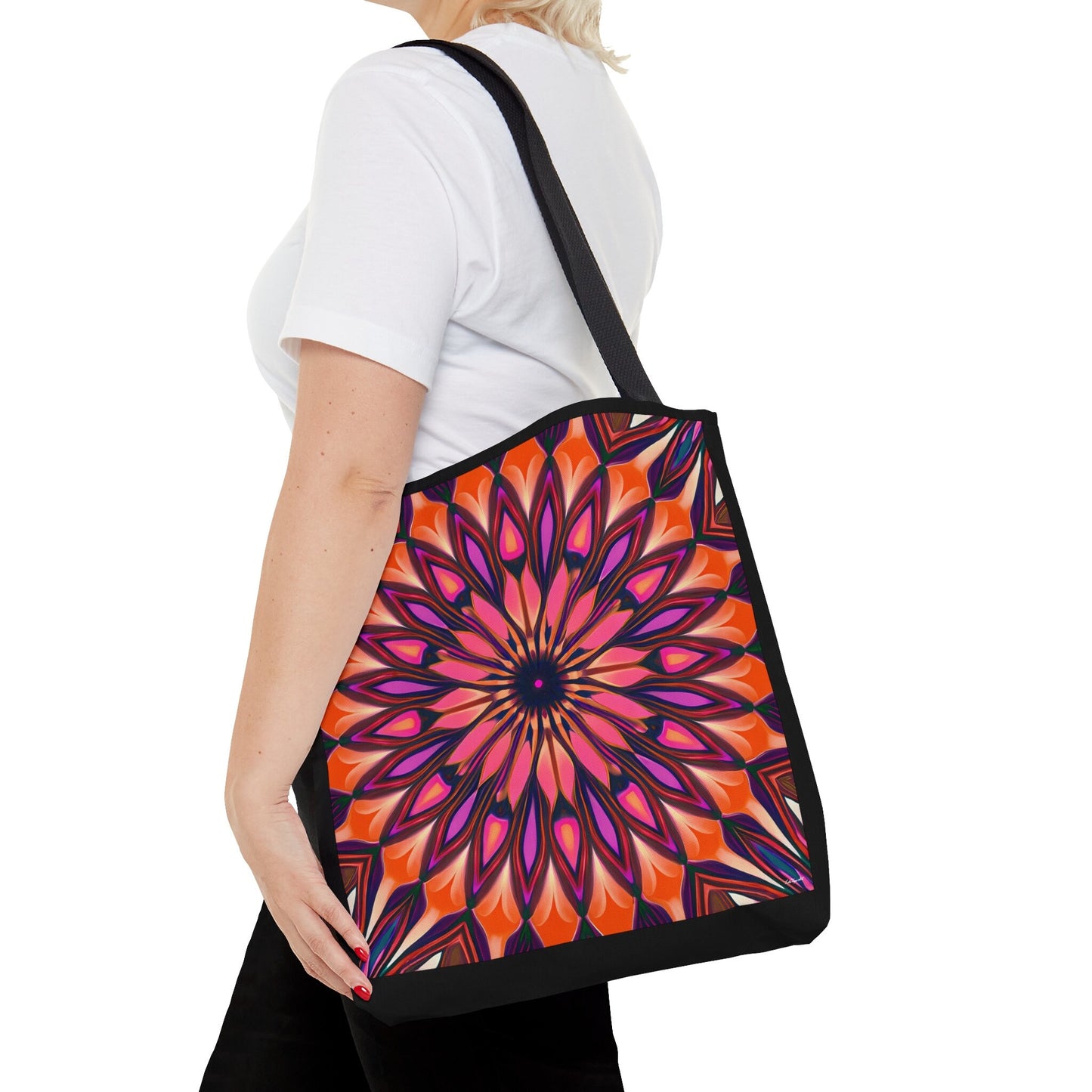 orange and purple abstract sunburst canvas tote bag,