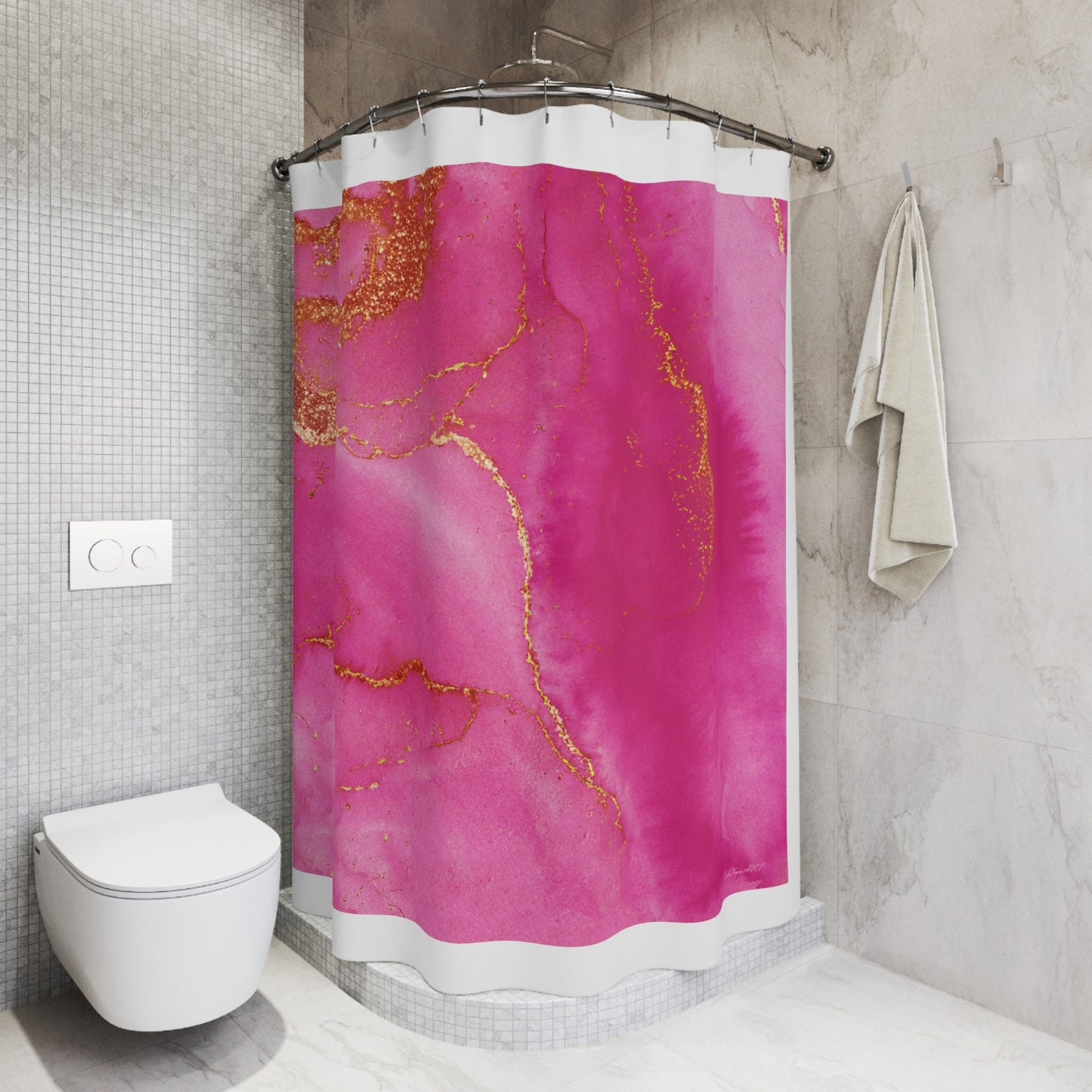 fuchsia gold abstract shower curtain, home accessories, bathroom dcor, bathroom, home dcor, housewarming gift, pink shower room decor