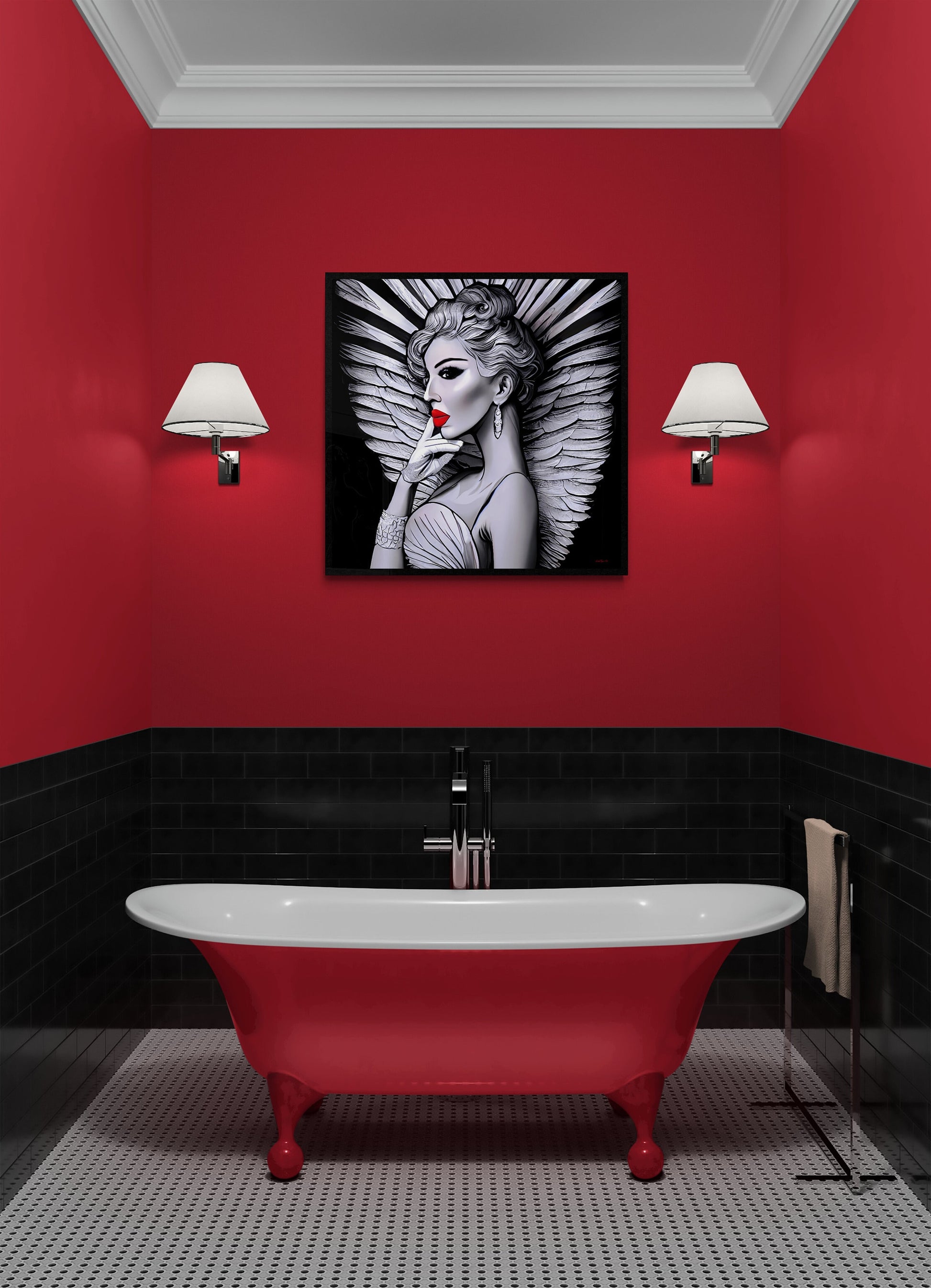art deco angel canvas wall art,  wall art dcor, room wall dcor, unique art, wall art woman, angel wings, retro wall art, goddess,  B & W - LOLA VEGAS ART