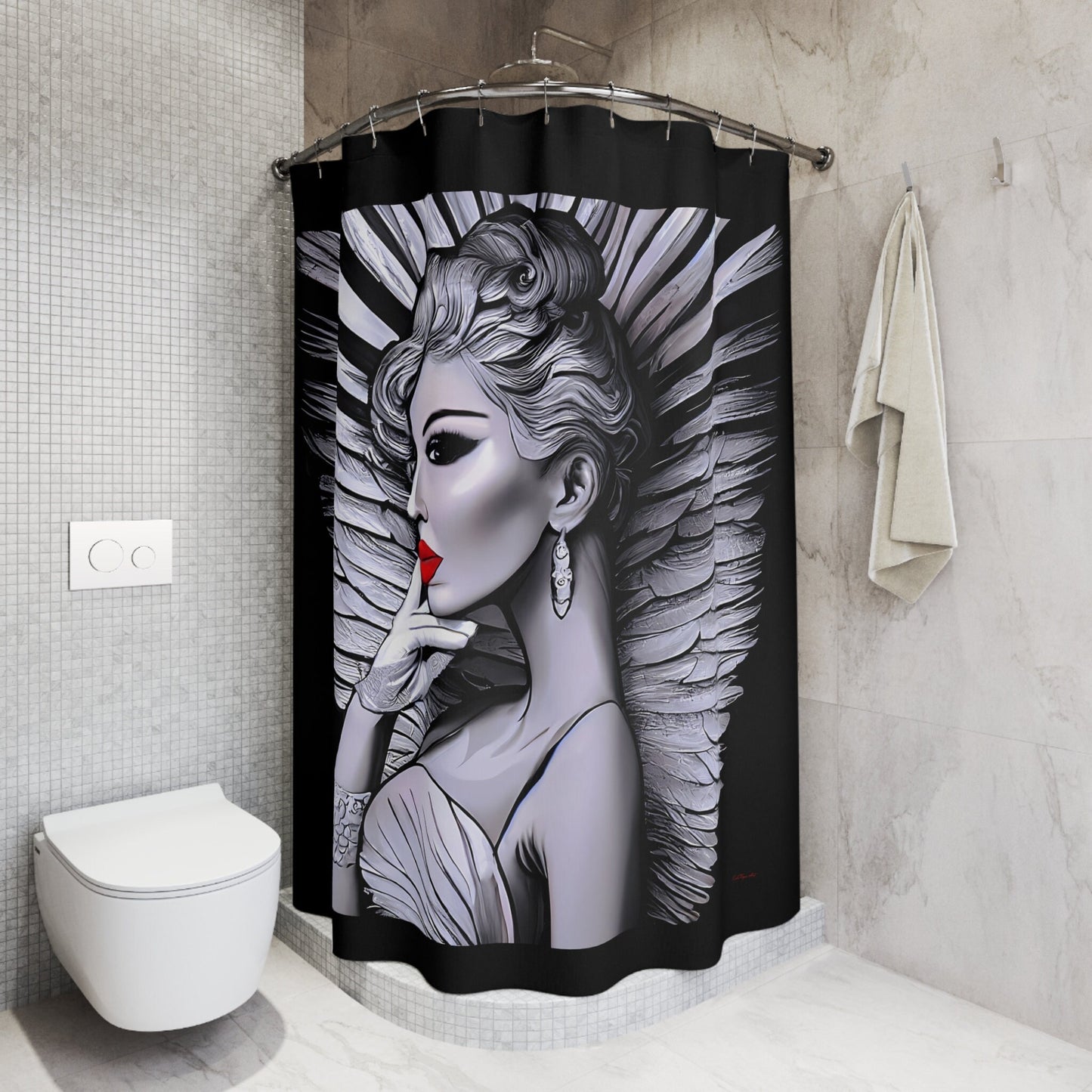 art deco angel shower curtain, glamorous, home accessories, bathroom dcor, bathroom, home dcor, housewarming gift, shower room decor