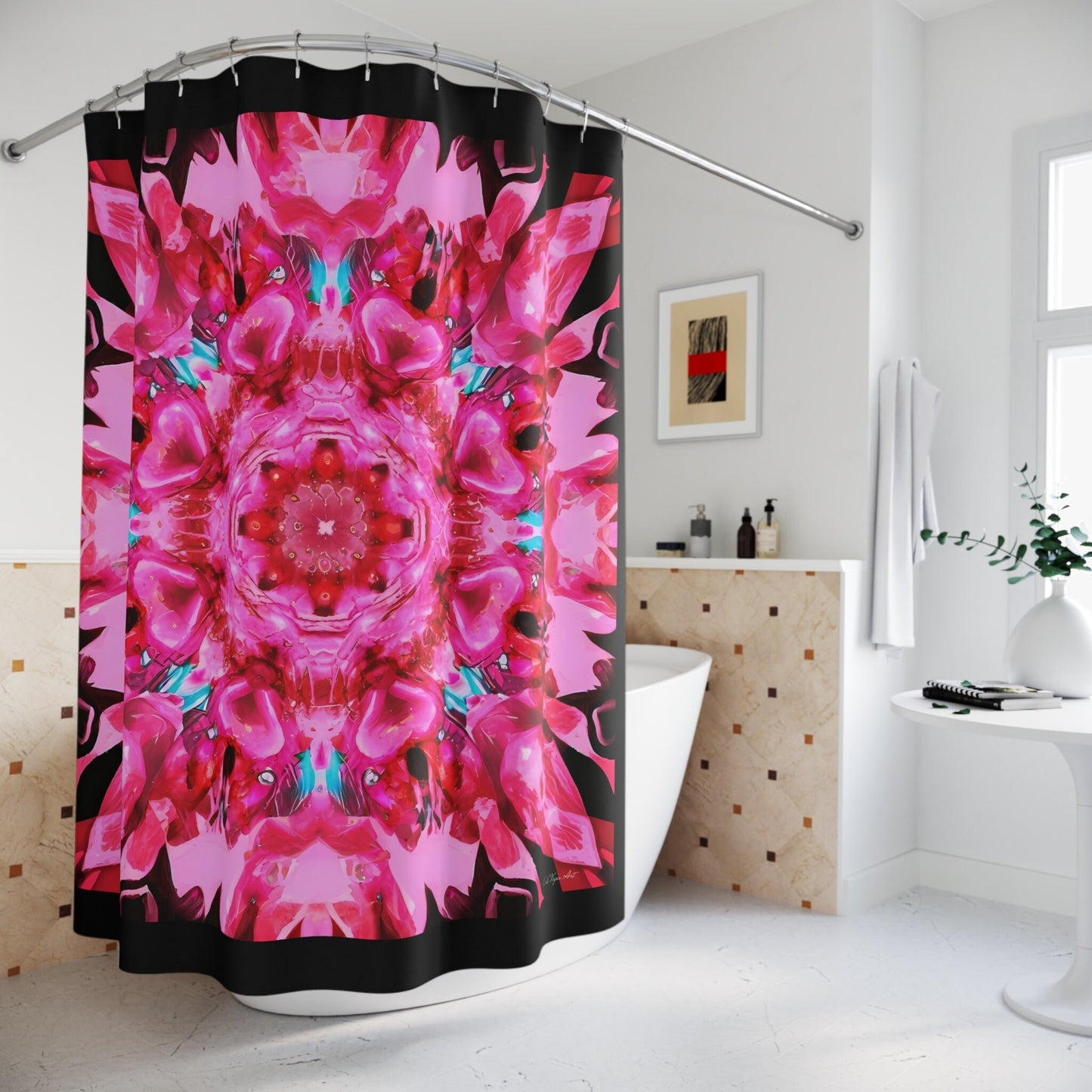 pink mandala kaleidoscope shower curtain, , home accessories, bathroom dcor, bathroom, home dcor, housewarming gift, shower room decor - LOLA VEGAS ART