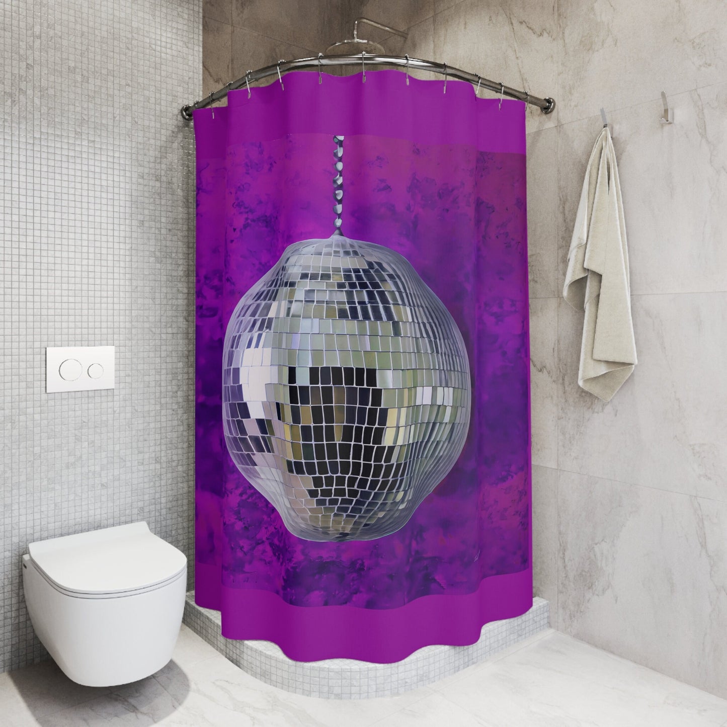 silver disco ball shower curtain, home accessories, bathroom dcor, bathroom, home dcor, housewarming gift, shower room decor, purple