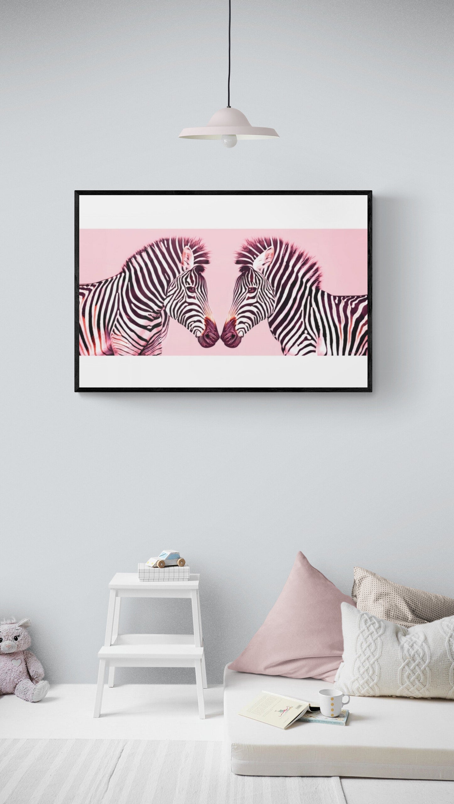 pink zebra canvas framed wall art, framed kids wall art, framed children's wall art, framed nursery wall art, framed girls wall art