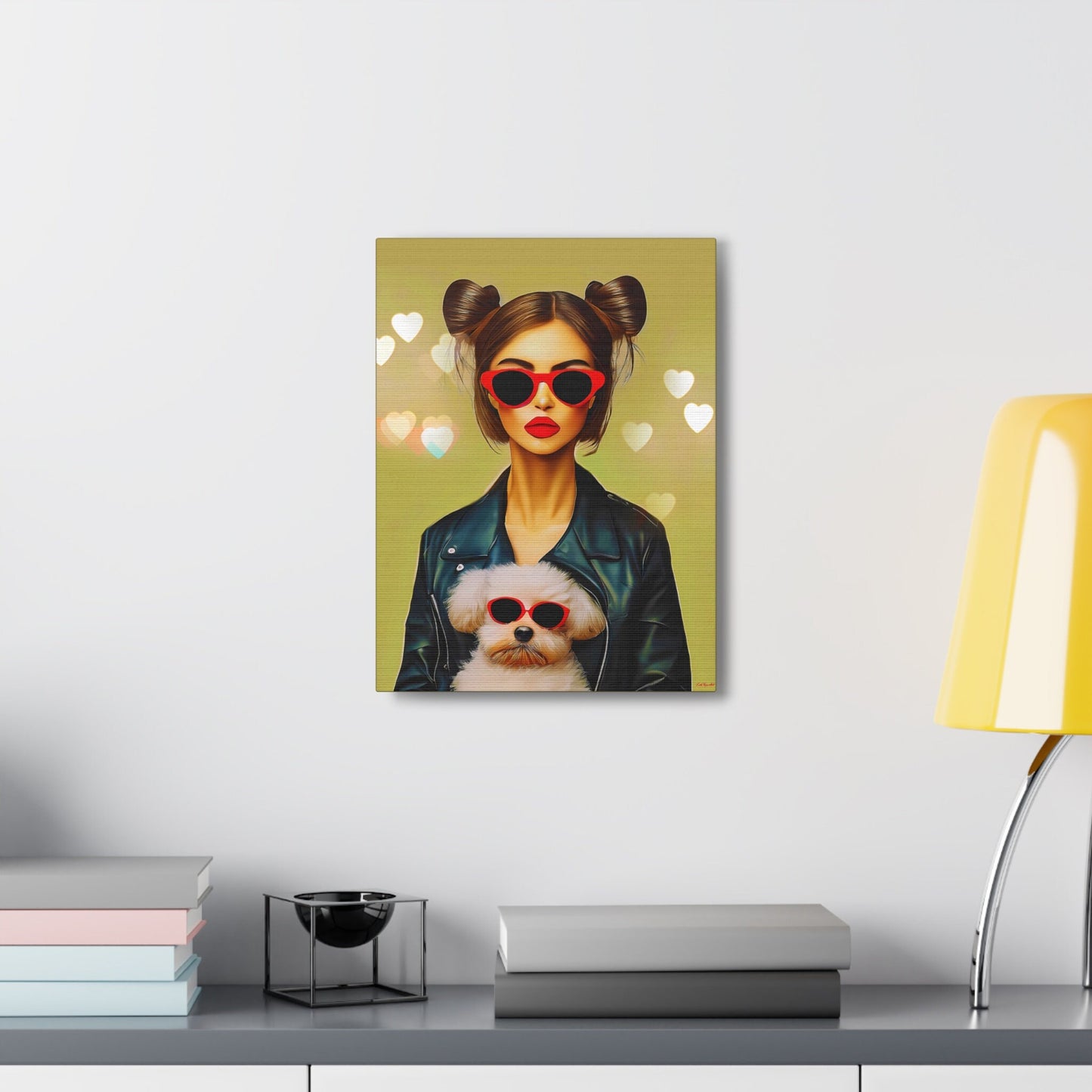 woman with dog canvas wall art, wall art dcor, room wall dcor, unique art, dog wall art, animal wall art, quirky wall art, red sunglasses