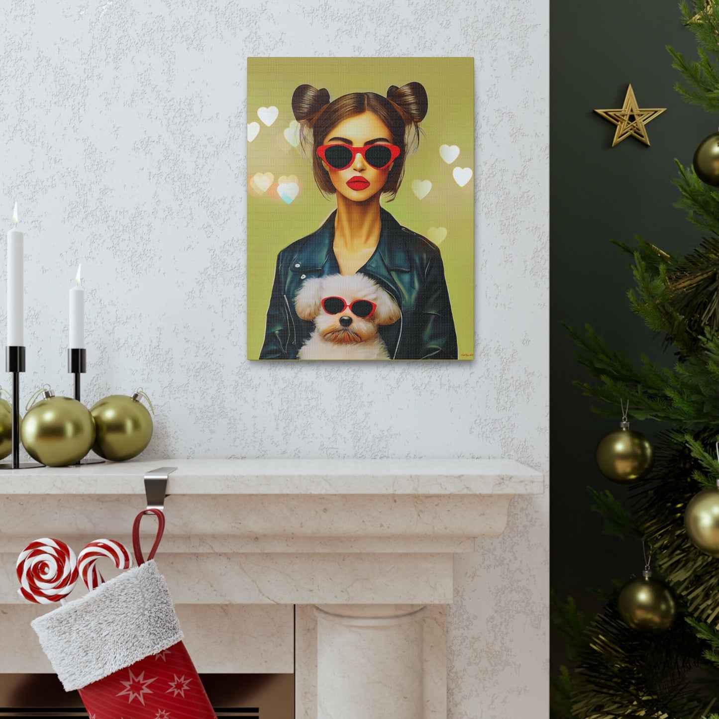 woman with dog canvas wall art, wall art dcor, room wall dcor, unique art, dog wall art, animal wall art, quirky wall art, red sunglasses