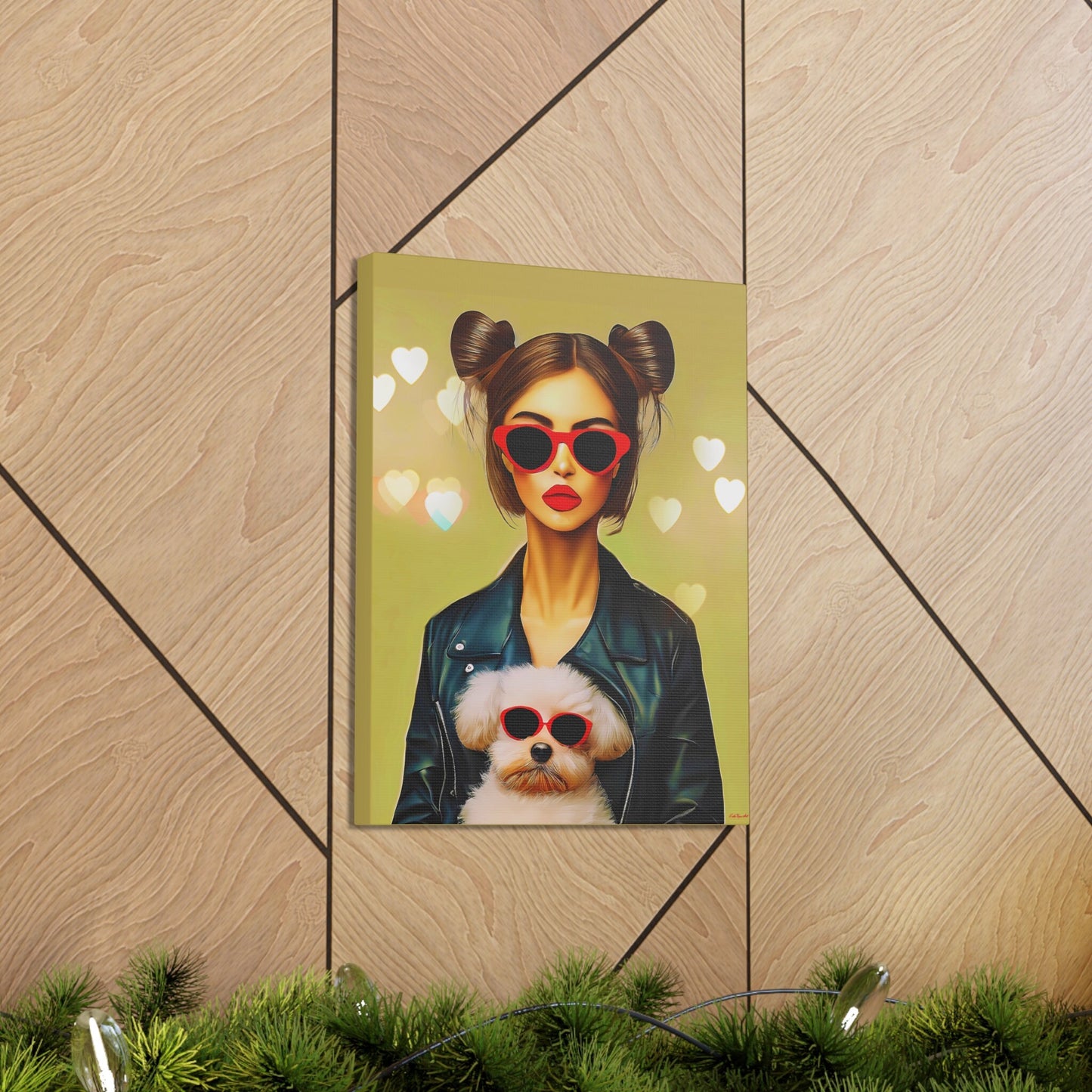 woman with dog canvas wall art, wall art dcor, room wall dcor, unique art, dog wall art, animal wall art, quirky wall art, red sunglasses