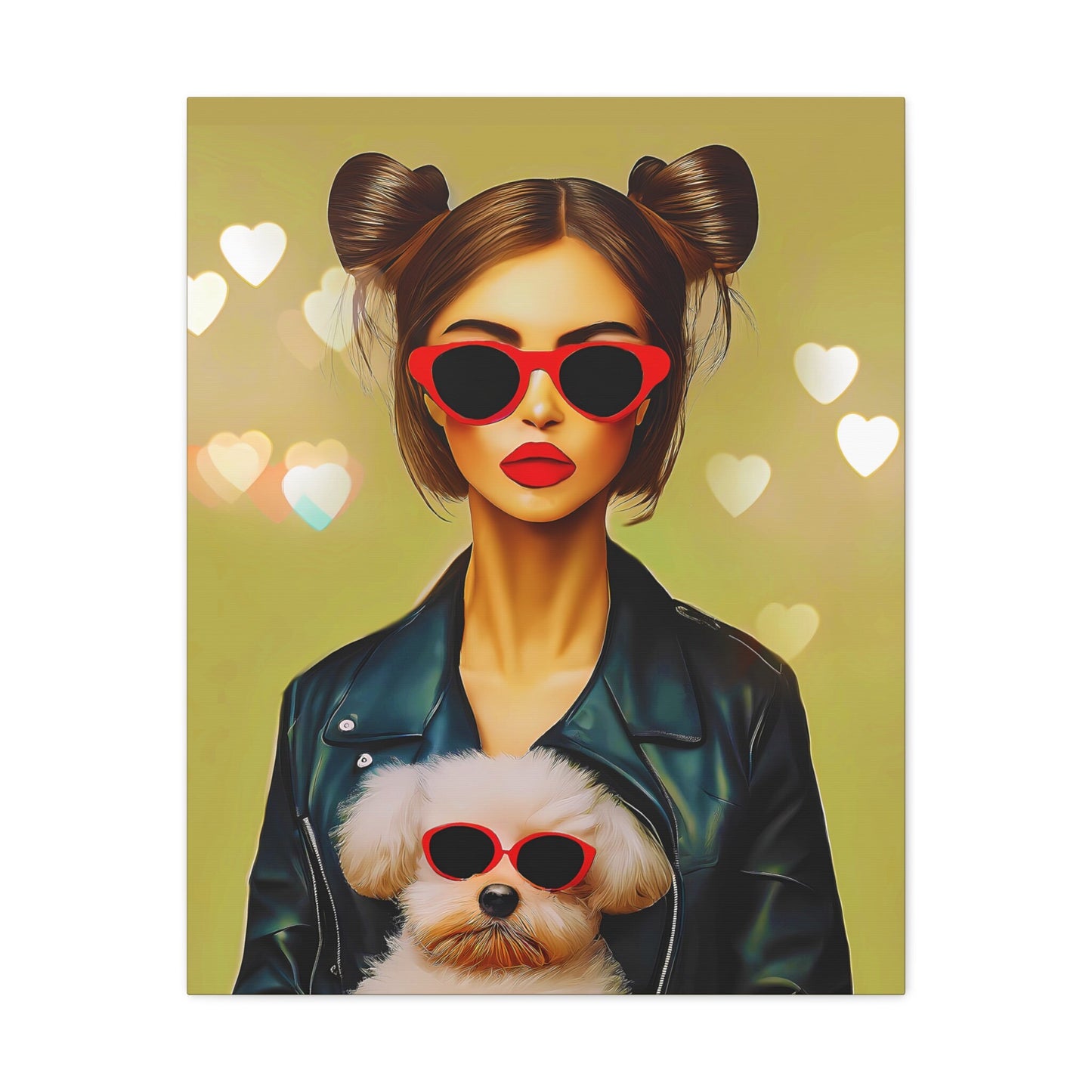 woman with dog canvas wall art, wall art dcor, room wall dcor, unique art, dog wall art, animal wall art, quirky wall art, red sunglasses