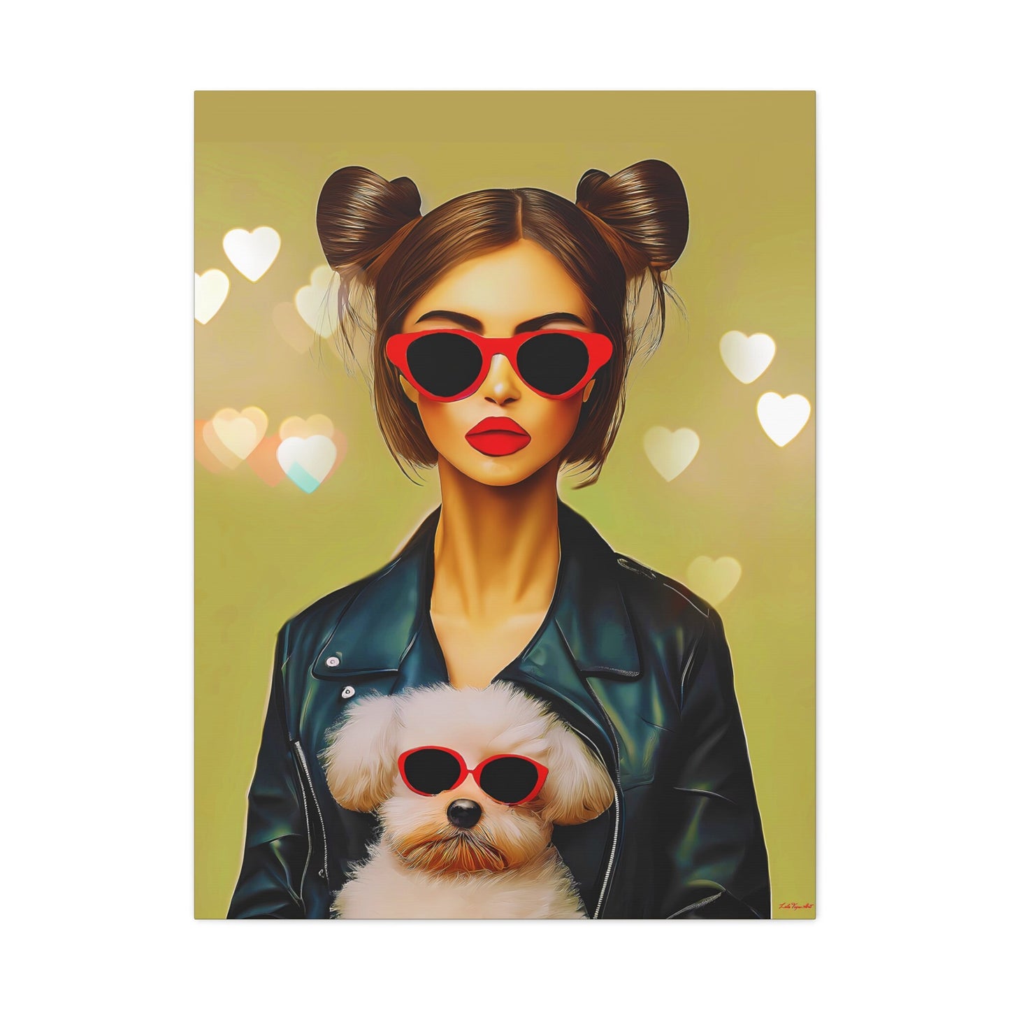 woman with dog canvas wall art, wall art dcor, room wall dcor, unique art, dog wall art, animal wall art, quirky wall art, red sunglasses