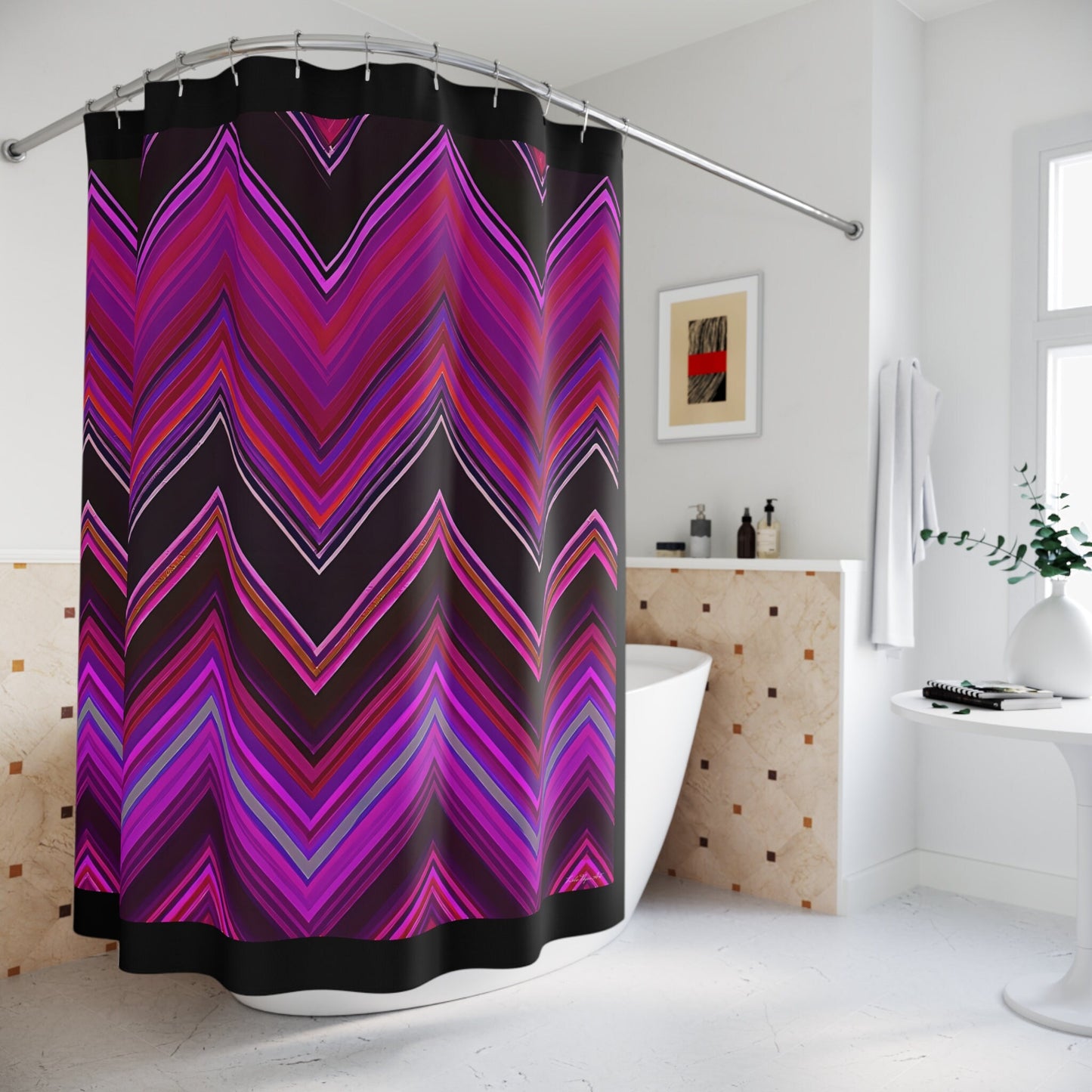 pink and black chevron shower curtain, , home accessories, bathroom dcor, bathroom, home dcor, housewarming gift, shower room decor