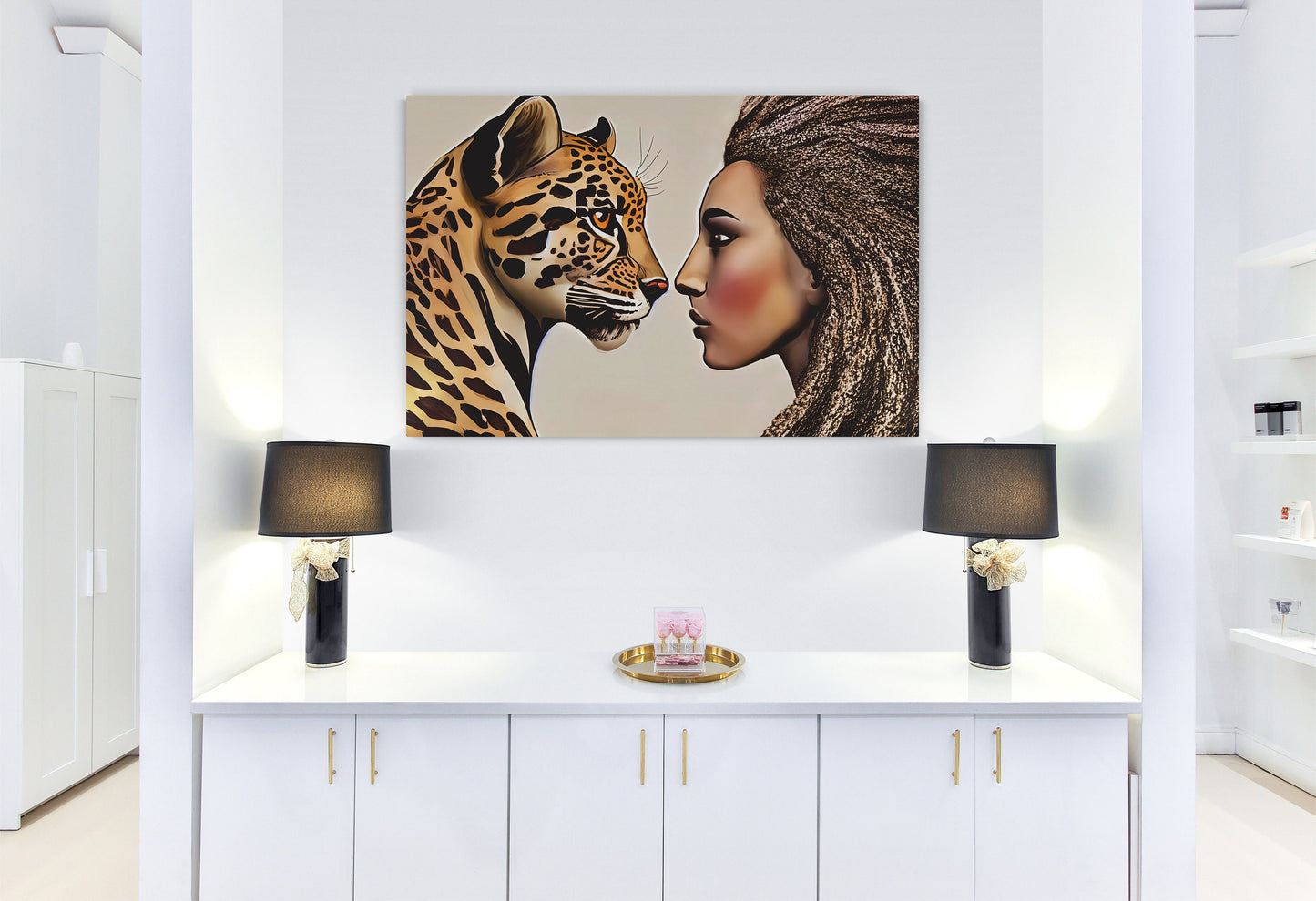 divine feminine black woman and leopard canvas wall art, wall art dcor, room wall dcor, unique art, big cat art, african american art