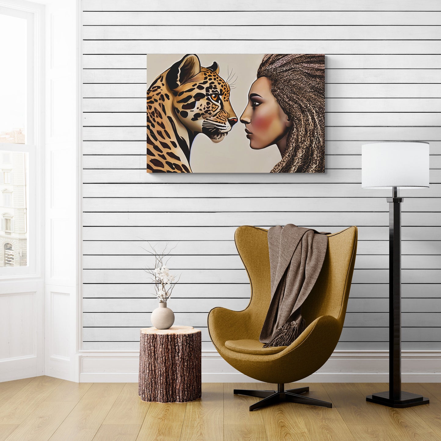 divine feminine black woman and leopard canvas wall art, wall art dcor, room wall dcor, unique art, big cat art, african american art