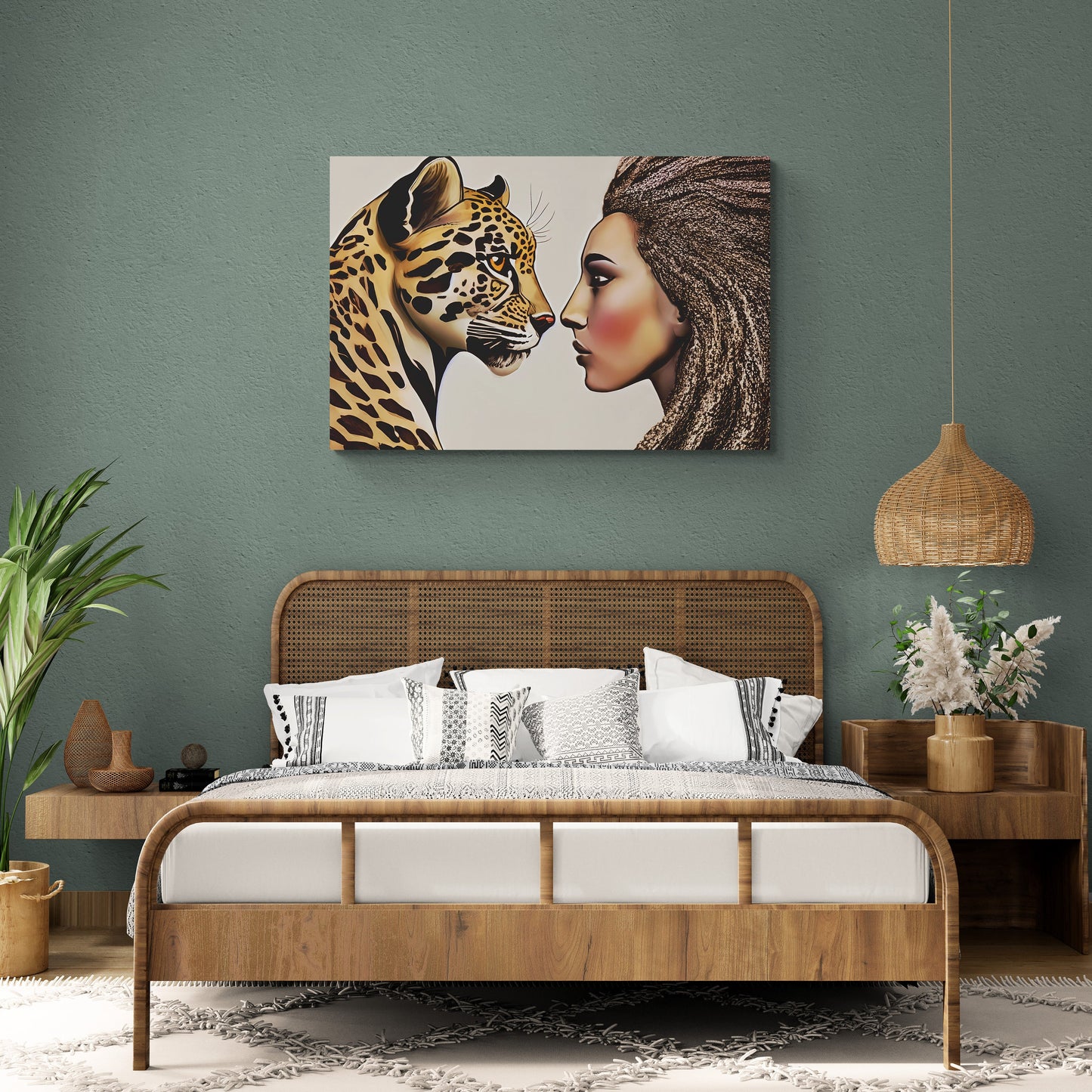 divine feminine black woman and leopard canvas wall art, wall art dcor, room wall dcor, unique art, big cat art, african american art