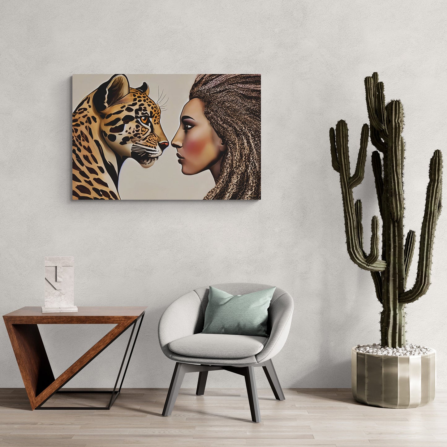 divine feminine black woman and leopard canvas wall art, wall art dcor, room wall dcor, unique art, big cat art, african american art