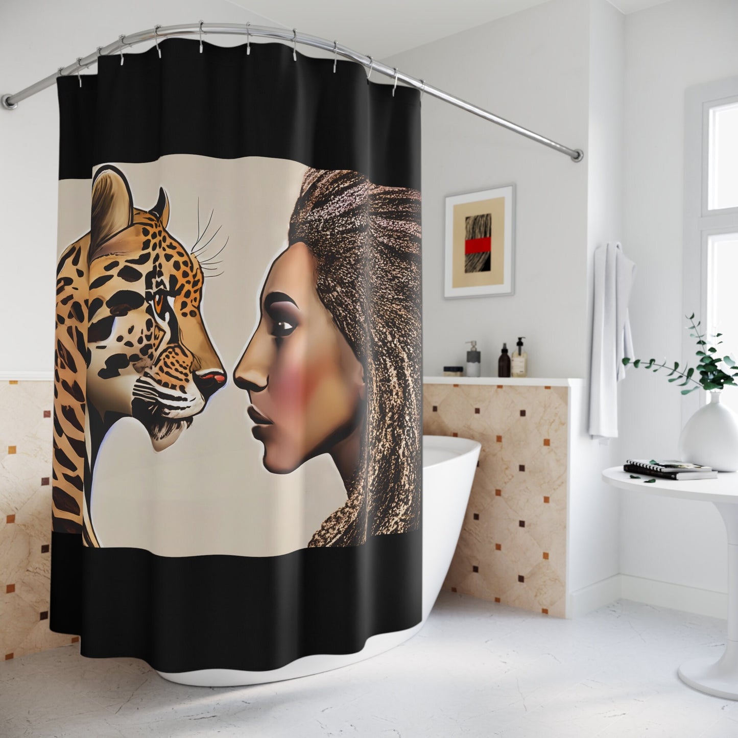 african american woman and leopard shower curtain, home accessories, bathroom dcor, bathroom, home dcor, housewarming gift, shower decor