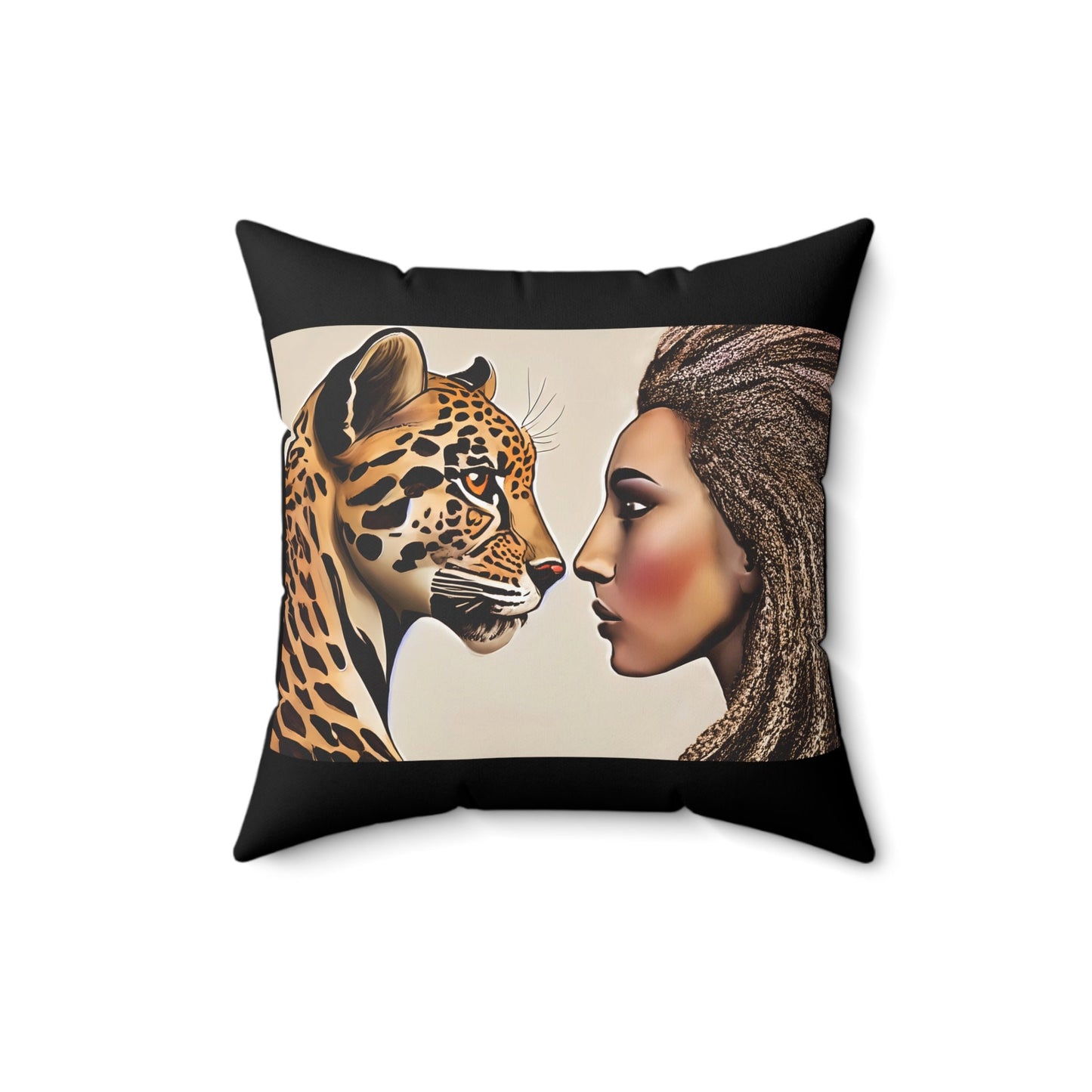 woman with leopard square pillow, decorative pillow, living room pillow, bedroom pillow, throw pillow, pillows, accent pillow, cushion