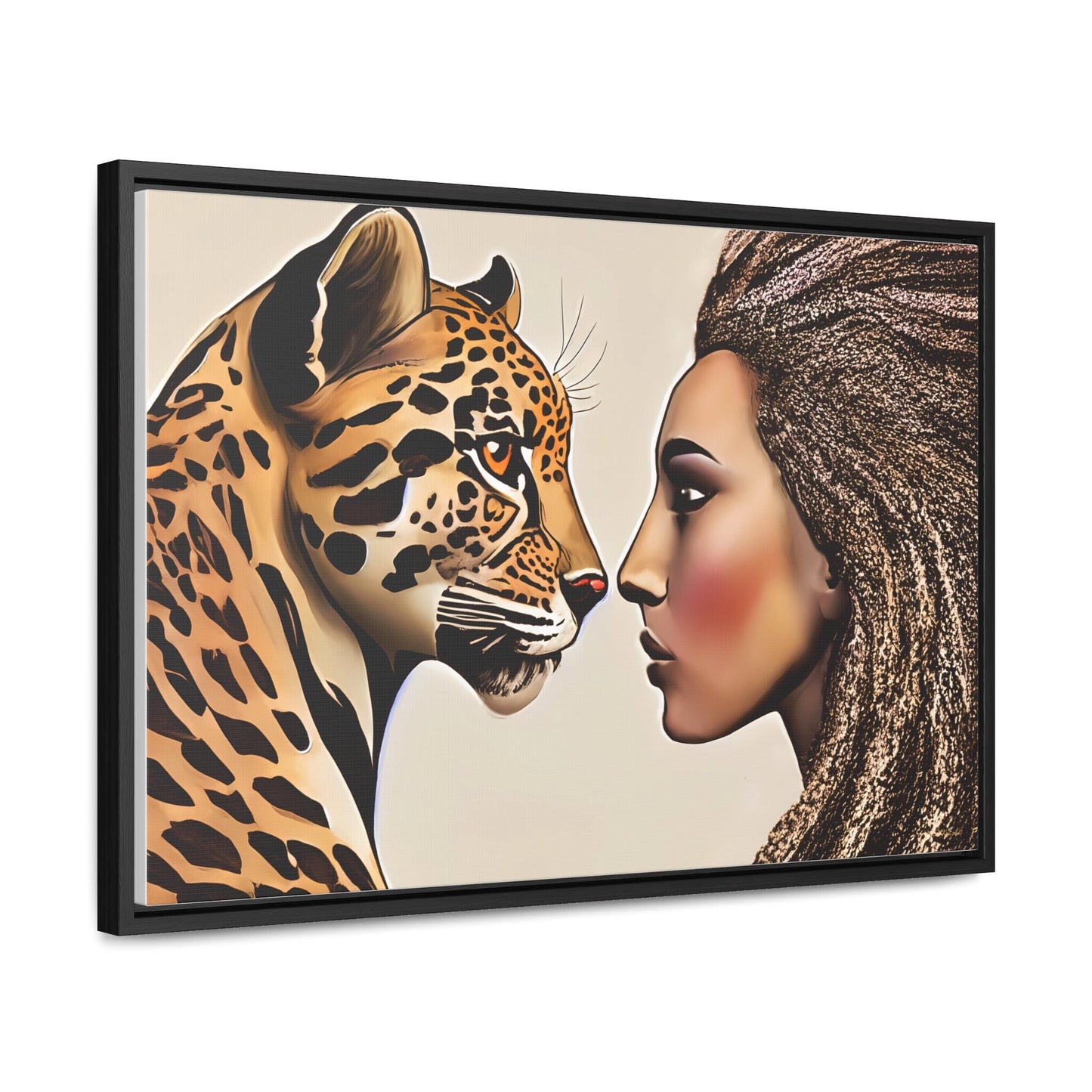 african american woman and leopard framed canvas wall art, wall art canvas with frame, wall art living room framed, wall art canvas framed,