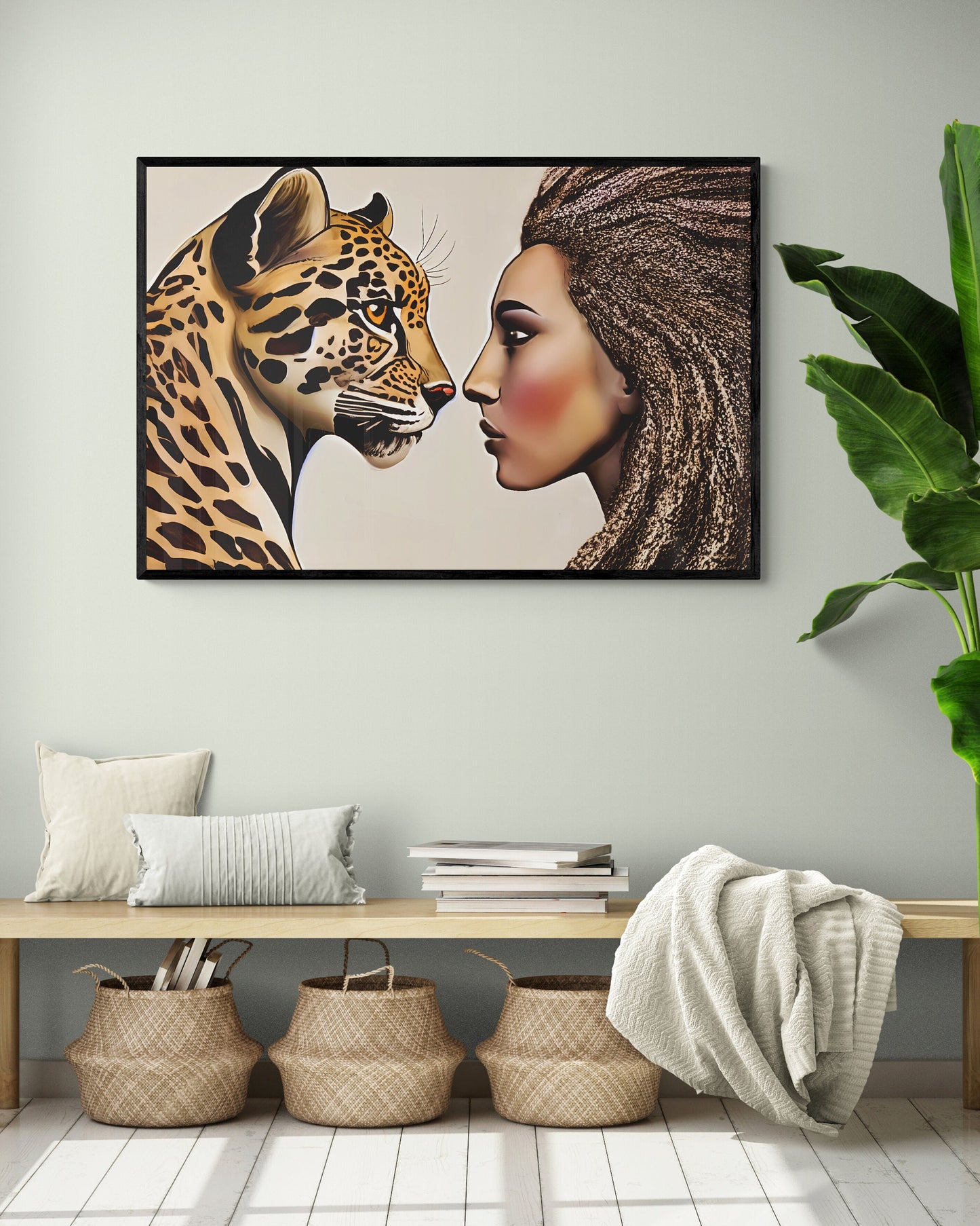 african american woman and leopard framed canvas wall art, wall art canvas with frame, wall art living room framed, wall art canvas framed,