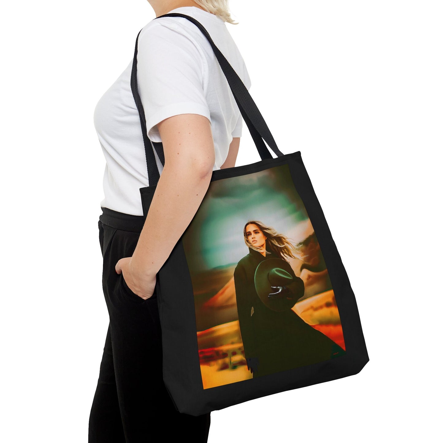 woman in the desert tote bag,